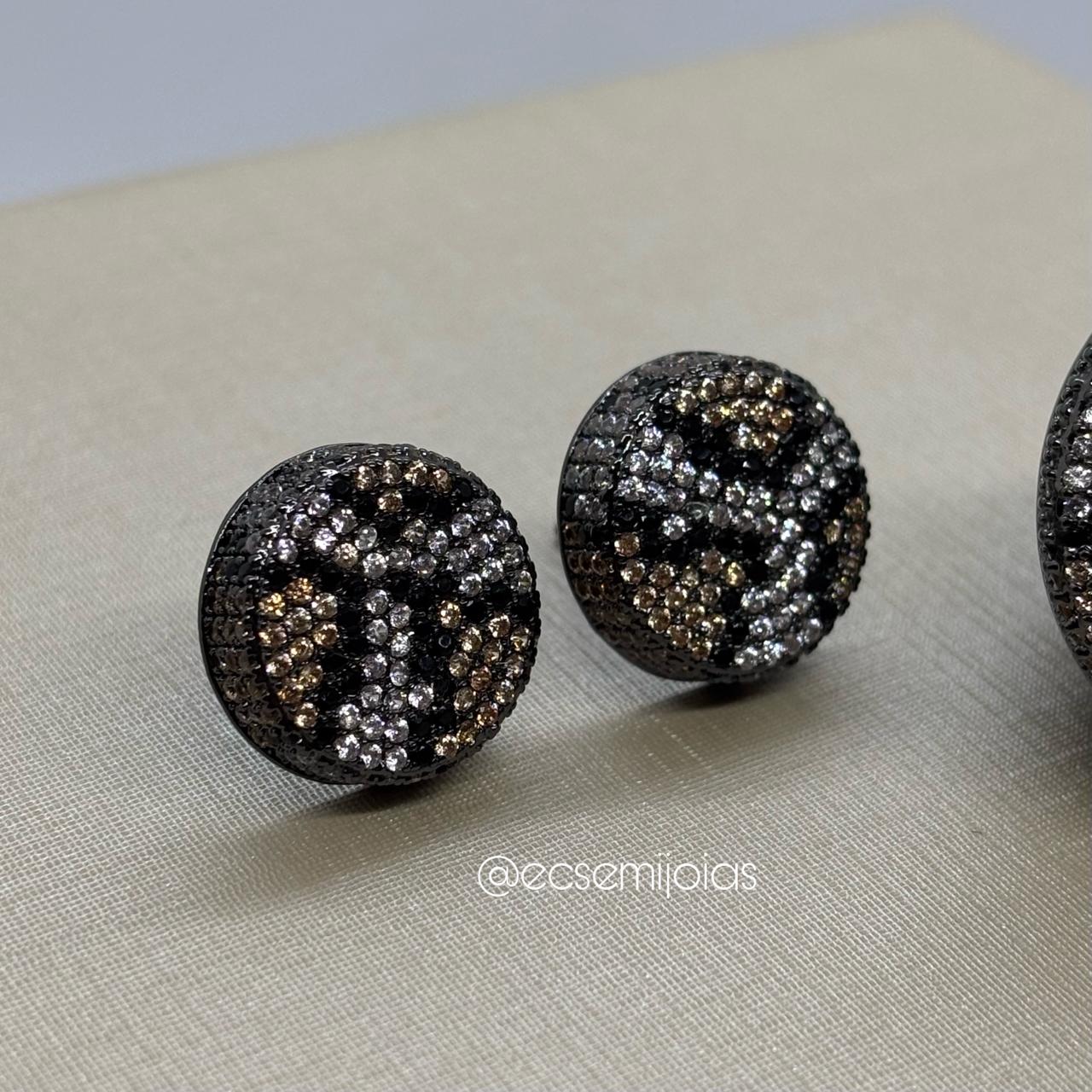 Conjunto de anel e brinco redondo cravejado em cima e laterais - banhado a ródio negro