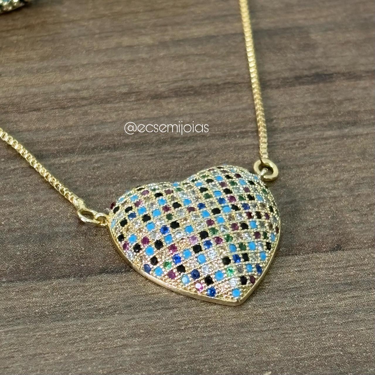 Conjunto brinco e pingente coração 2cm cravejado - 42cm + extensor - banhado a ouro 18k