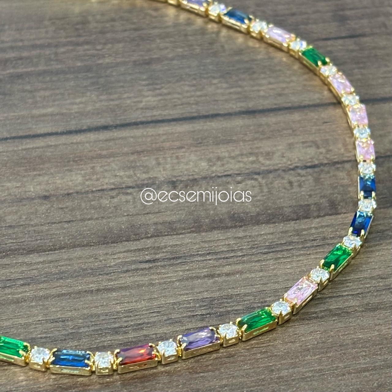 Choker de elos com 100% de zircônias baguetes e redondas intercaladas - 18cm - banhado a ouro 18k
