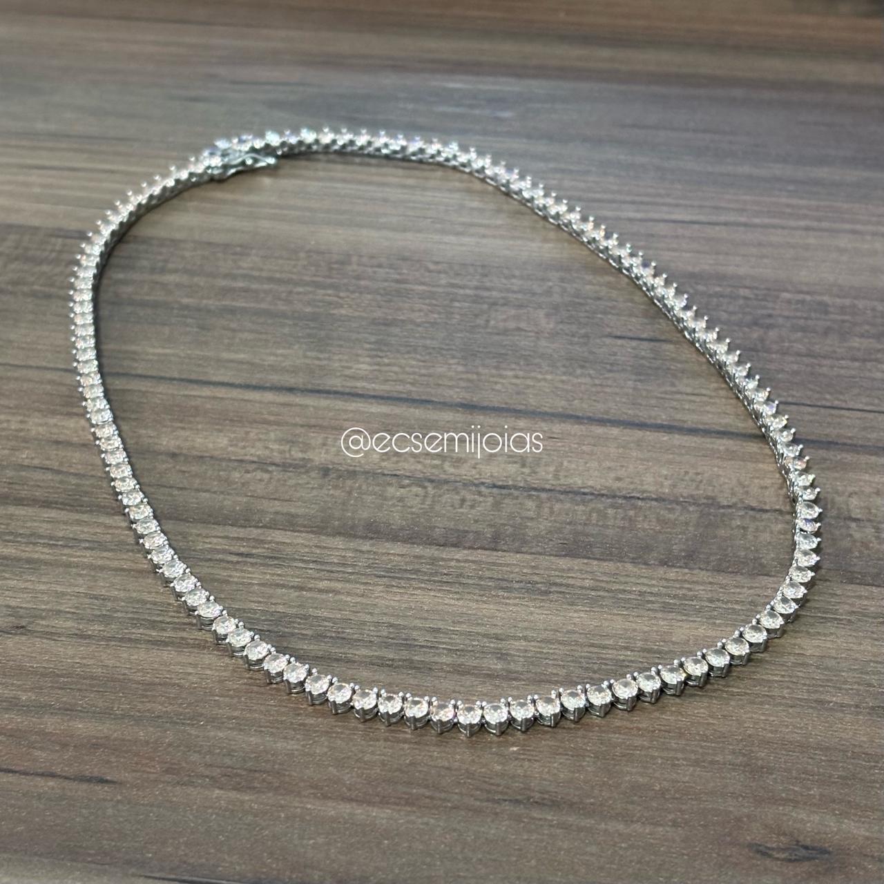 Colar riviera de 3 pontas 3mm - 42cm - banhado a ródio branco