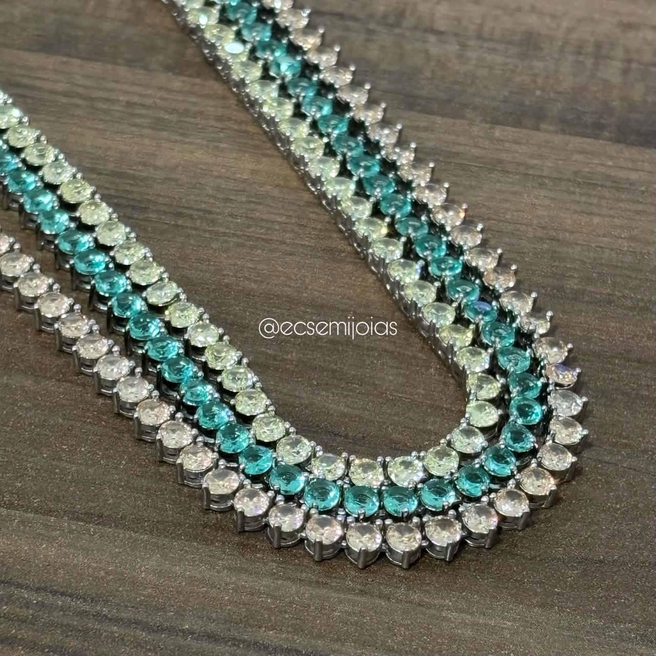 Colar riviera de 3 pontas 3mm - 42cm - banhado a ródio branco