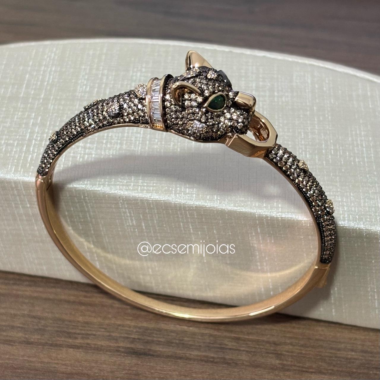 Bracelete com pantera cravejada e aro cravejado - banhado a ouro 18k