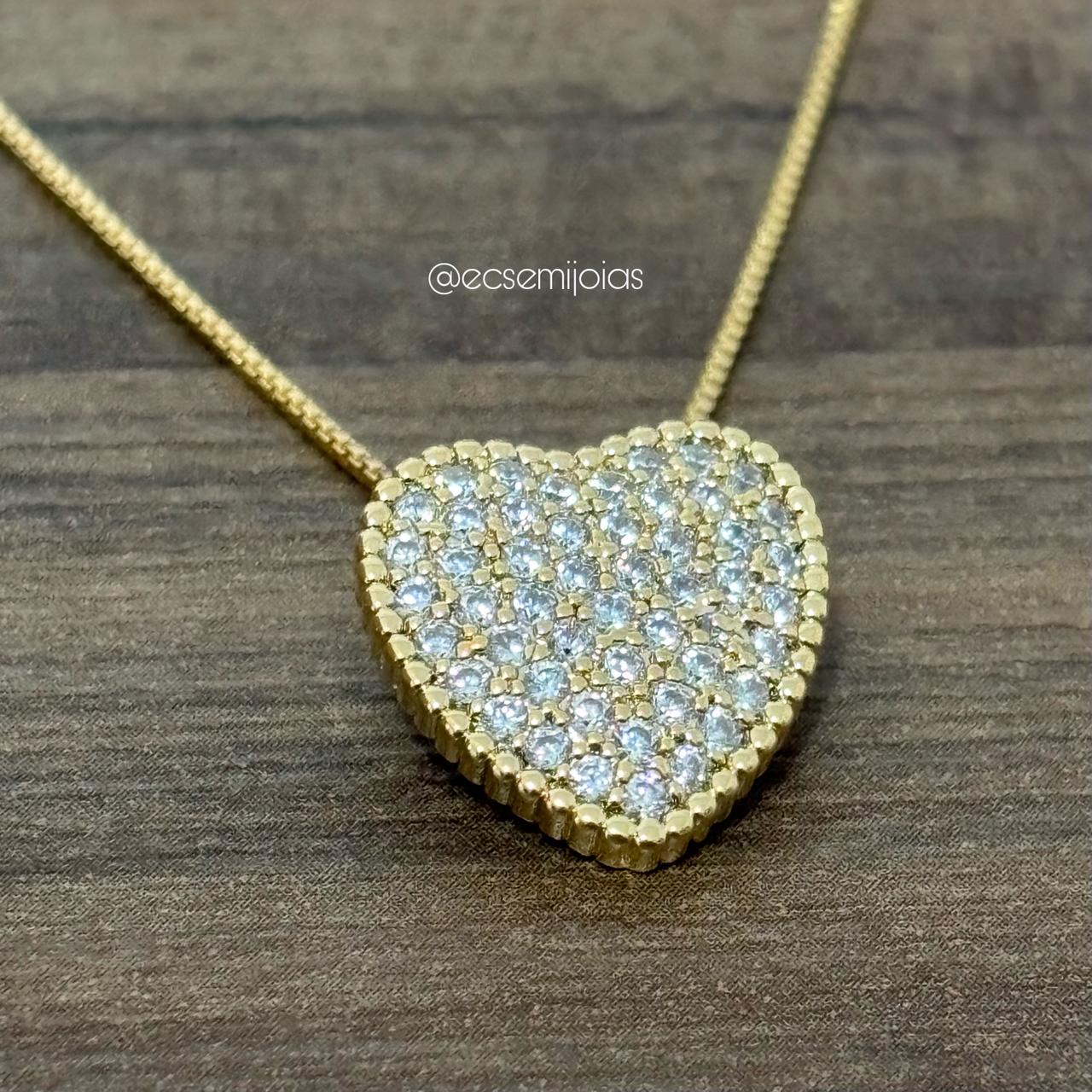 Conjunto de brinco e colar de coração cravejado - 45cm + extensor - banhado a ouro 18k