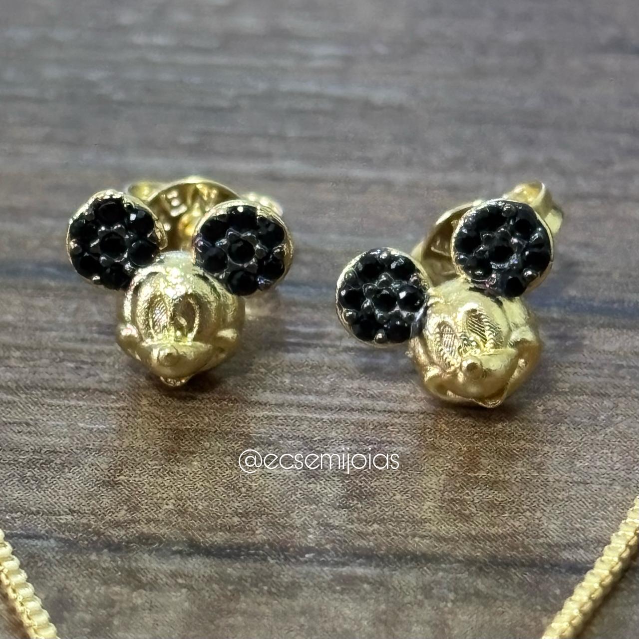 Conjunto de brinco e colar com Mickey de orelhas cravejadas - 40cm + extensor - banhado a ouro 18k
