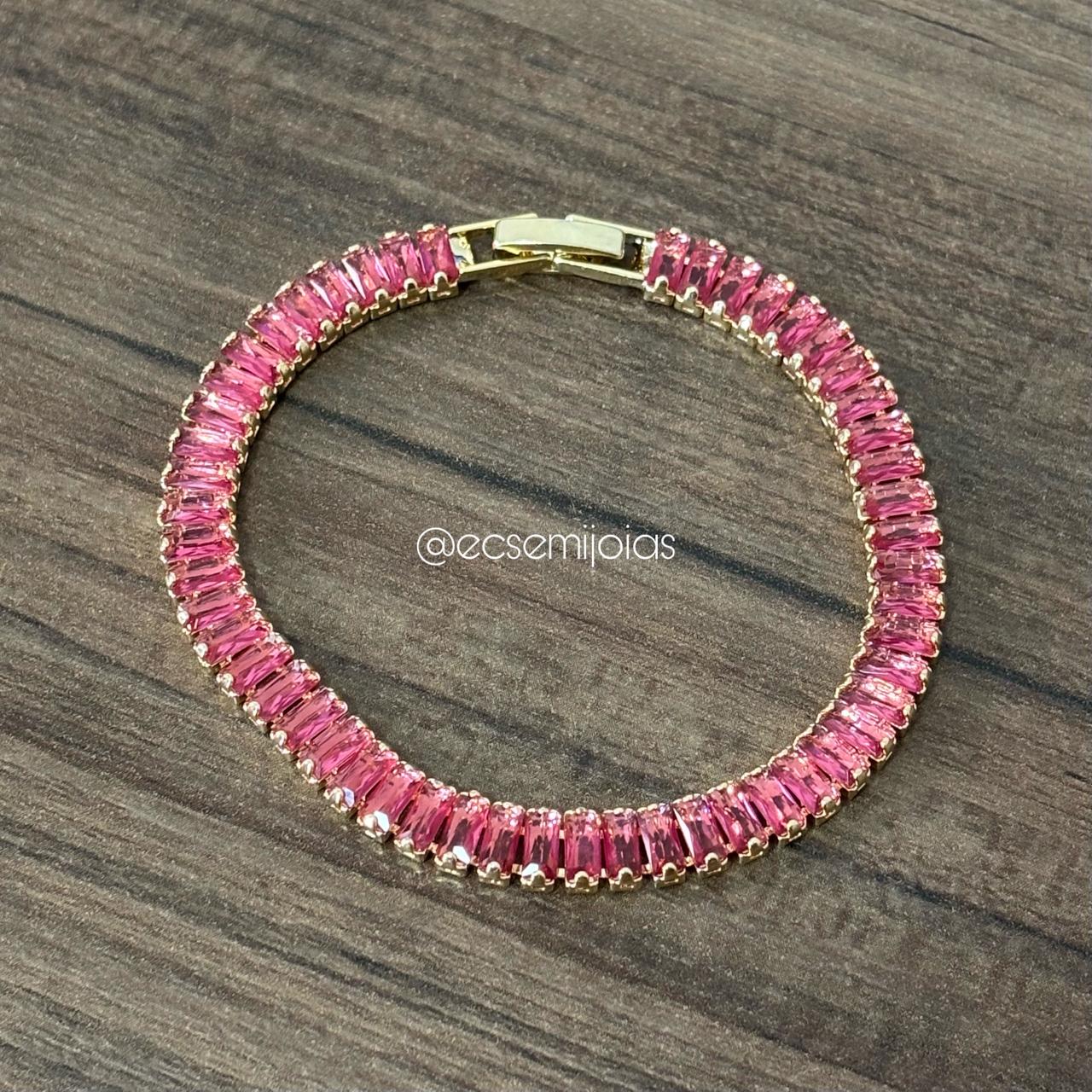 Pulseira riviera de zircônias baguetes 5mm - 18cm - banhado a ouro 18k