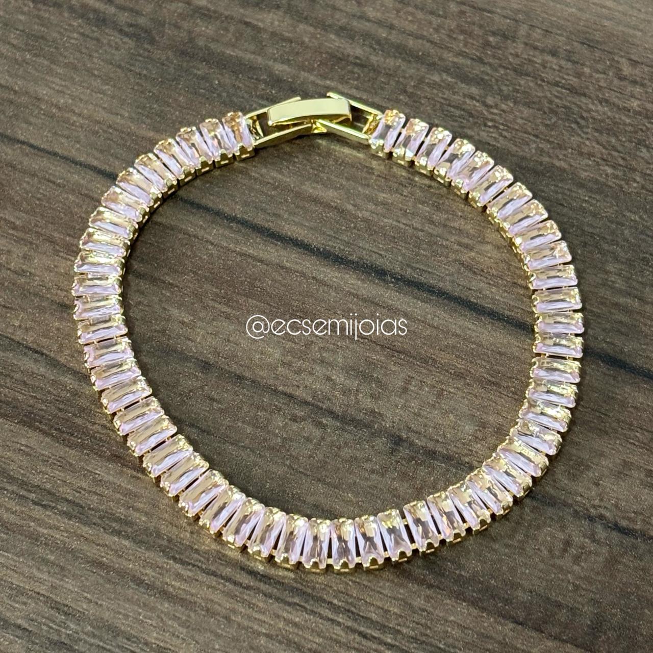 Pulseira riviera de zircônias baguetes 5mm - 18cm - banhado a ouro 18k