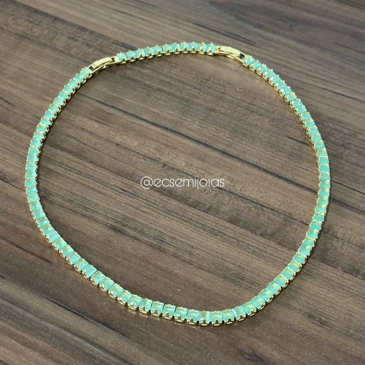 Choker Riviera com pedras quadradas 4mm - 35cm + extensor - banhado a ouro 18k