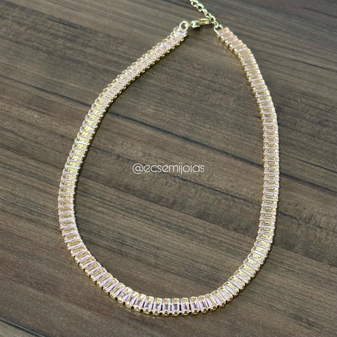 Choker riviera de zircônias baguetes 5mm - 35cm - banhado a ouro 18k
