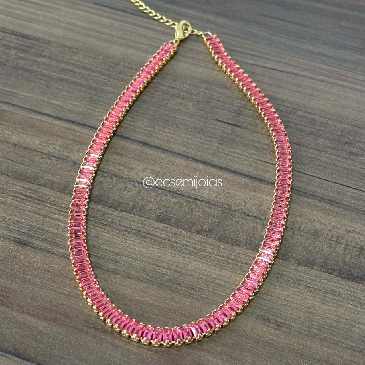 Choker riviera de zircônias baguetes 5mm - 35cm - banhado a ouro 18k