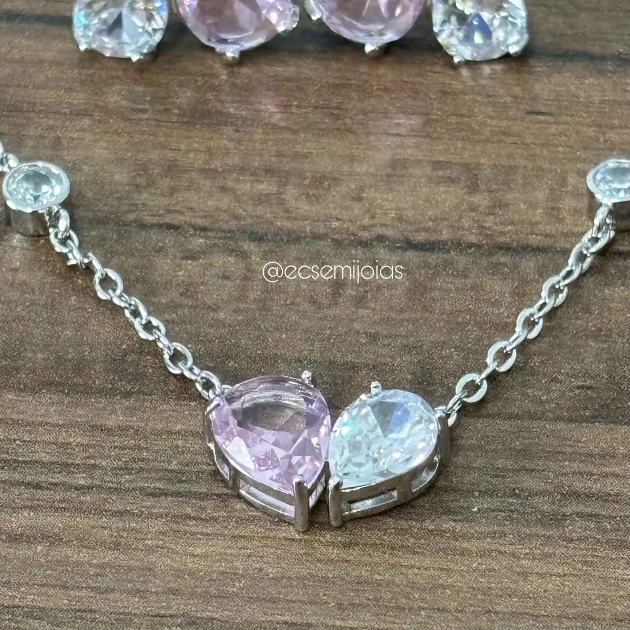 Conjunto de brinco e colar com pingente com 2 zircônias gotas maiores - 43cm + extensor - banhado a ródio branco