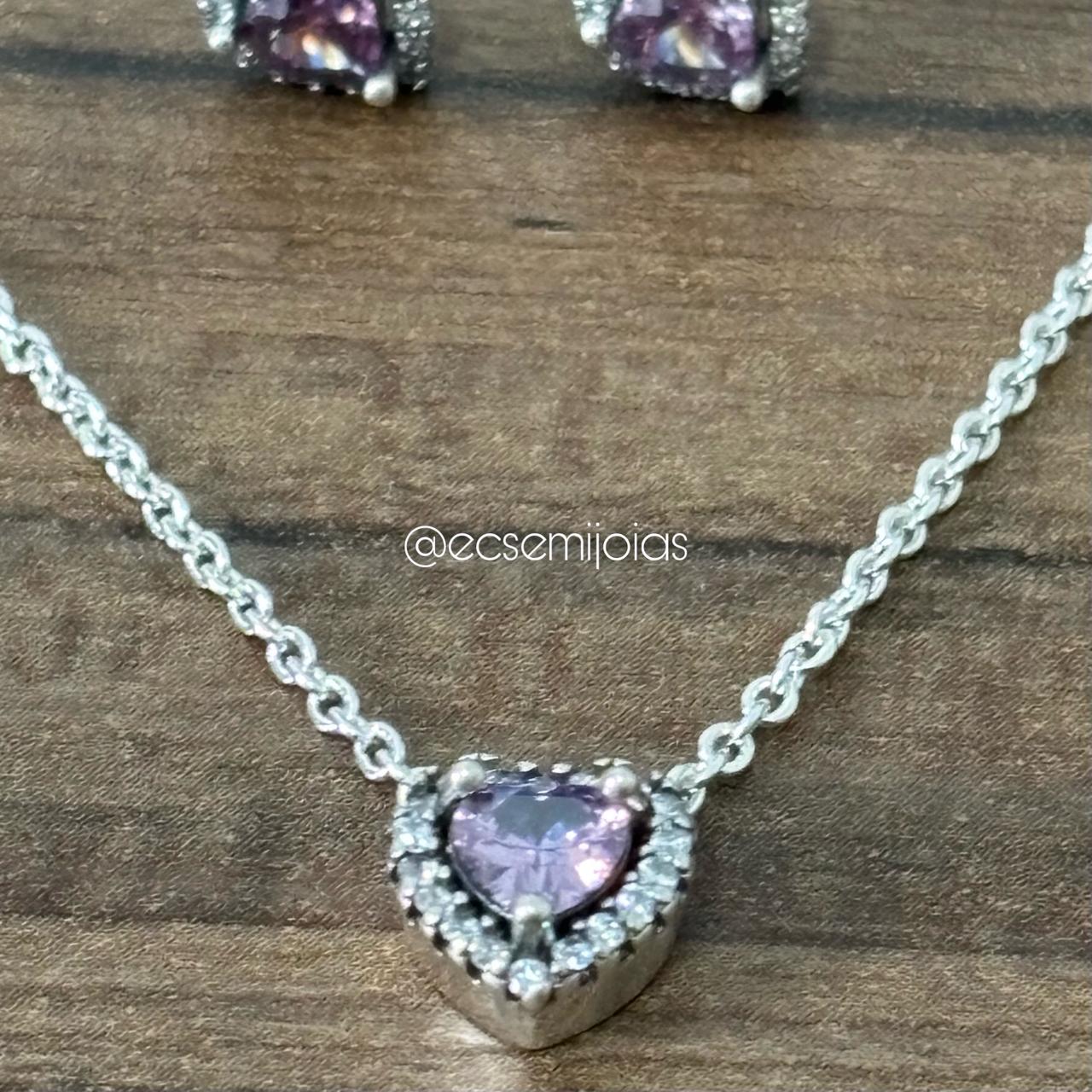 Conjunto de brinco e colar com pingente de zircônia de coração 5mm cravejado em volta - 43cm + extensor - banhado a ródio branco