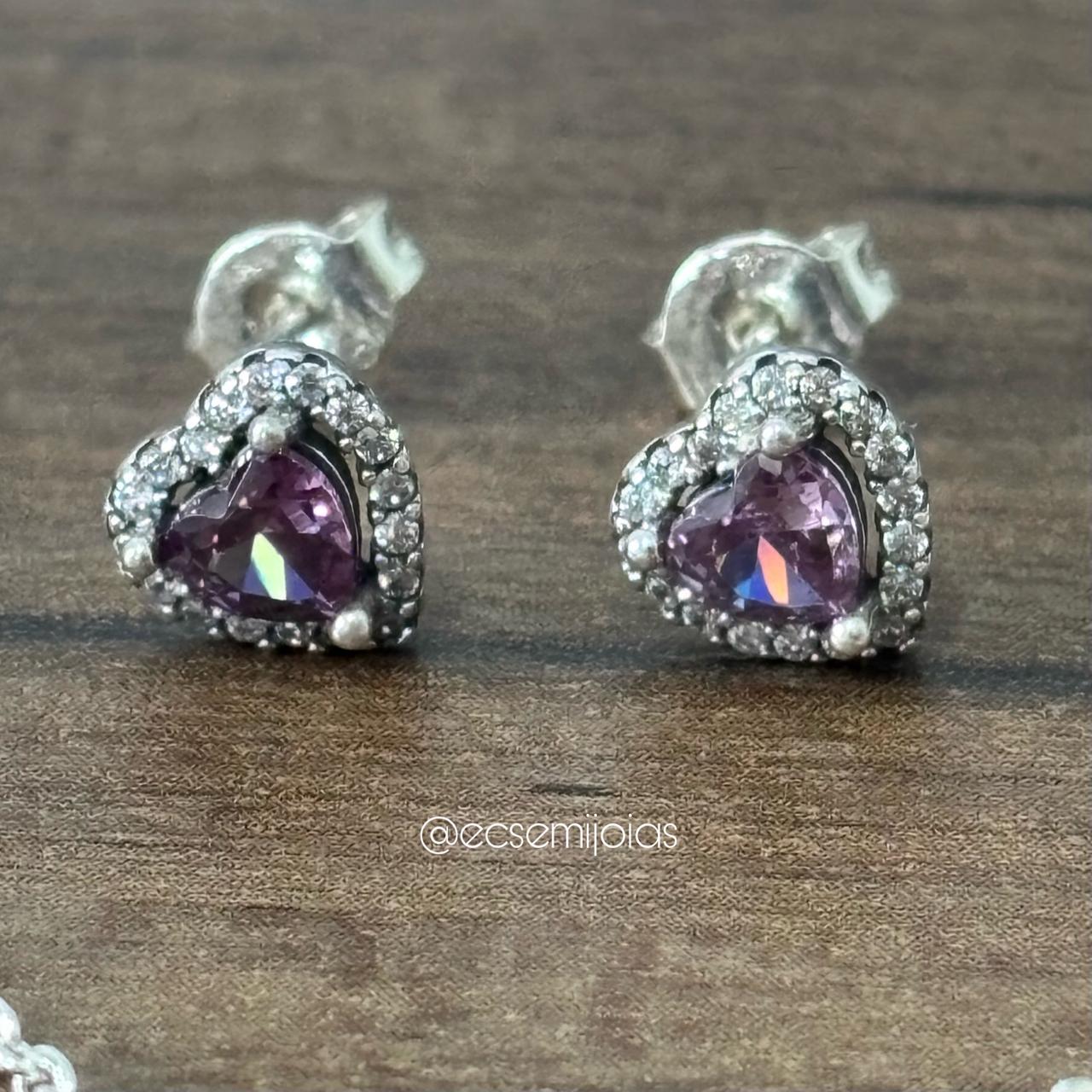 Conjunto de brinco e colar com pingente de zircônia de coração 5mm cravejado em volta - 43cm + extensor - banhado a ródio branco