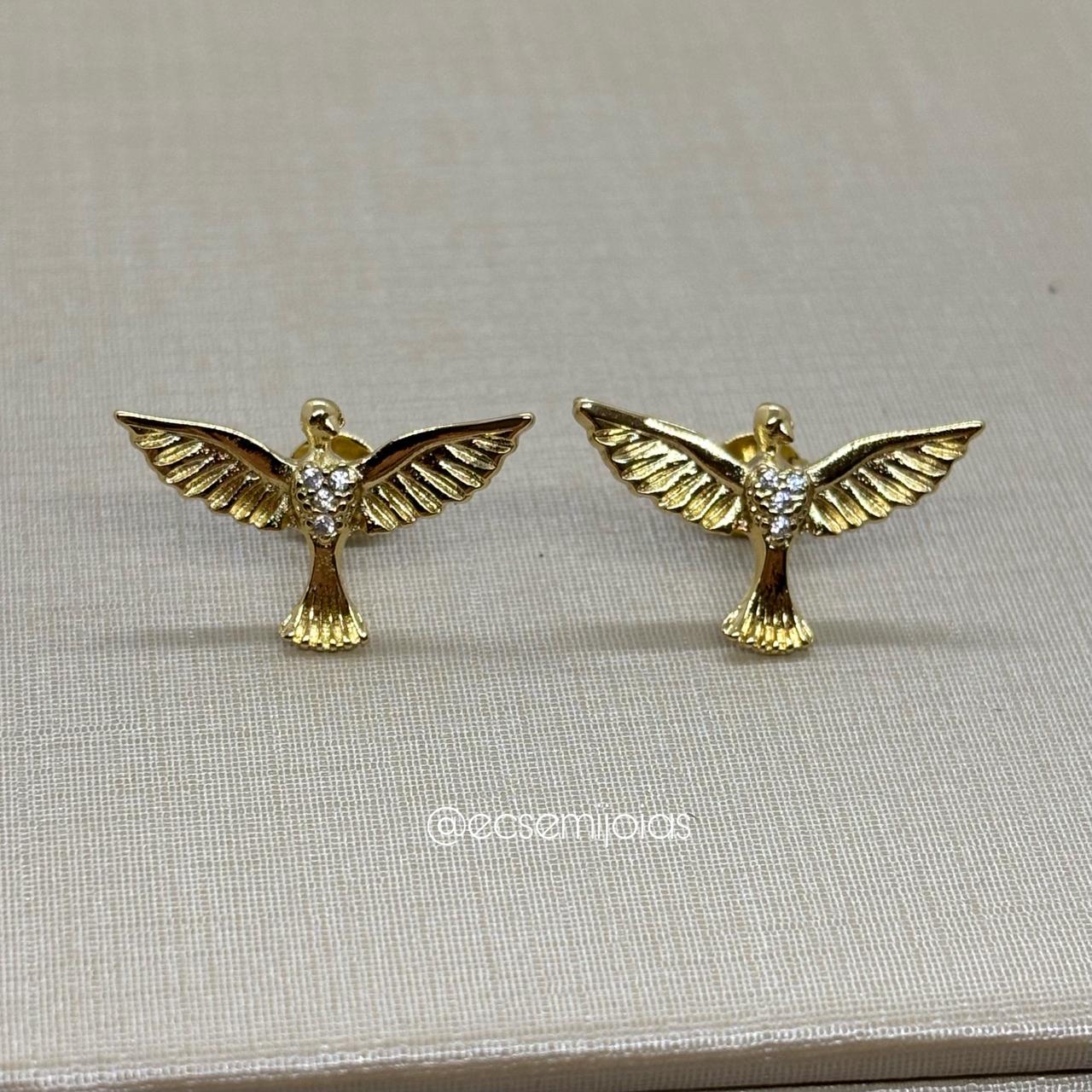 Brinco de pomba com peito cravejado (G) (alt: 12mm) - banhado a ouro 18k