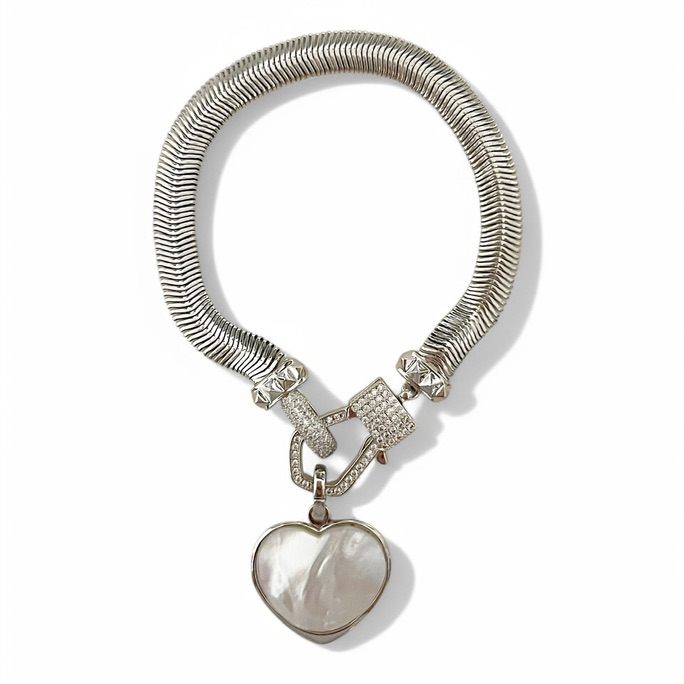 PULSEIRA MALHA PINGENTE CORAÇÃO MADREPEROLA ZIRCONIA CRISTAL