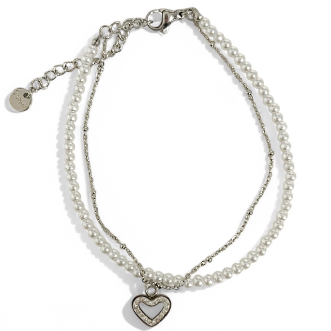 PULSEIRA DUPLA BOLINHAS PEROLA PINGENTE CORAÇÃO ZIRCONIA CRISTAL