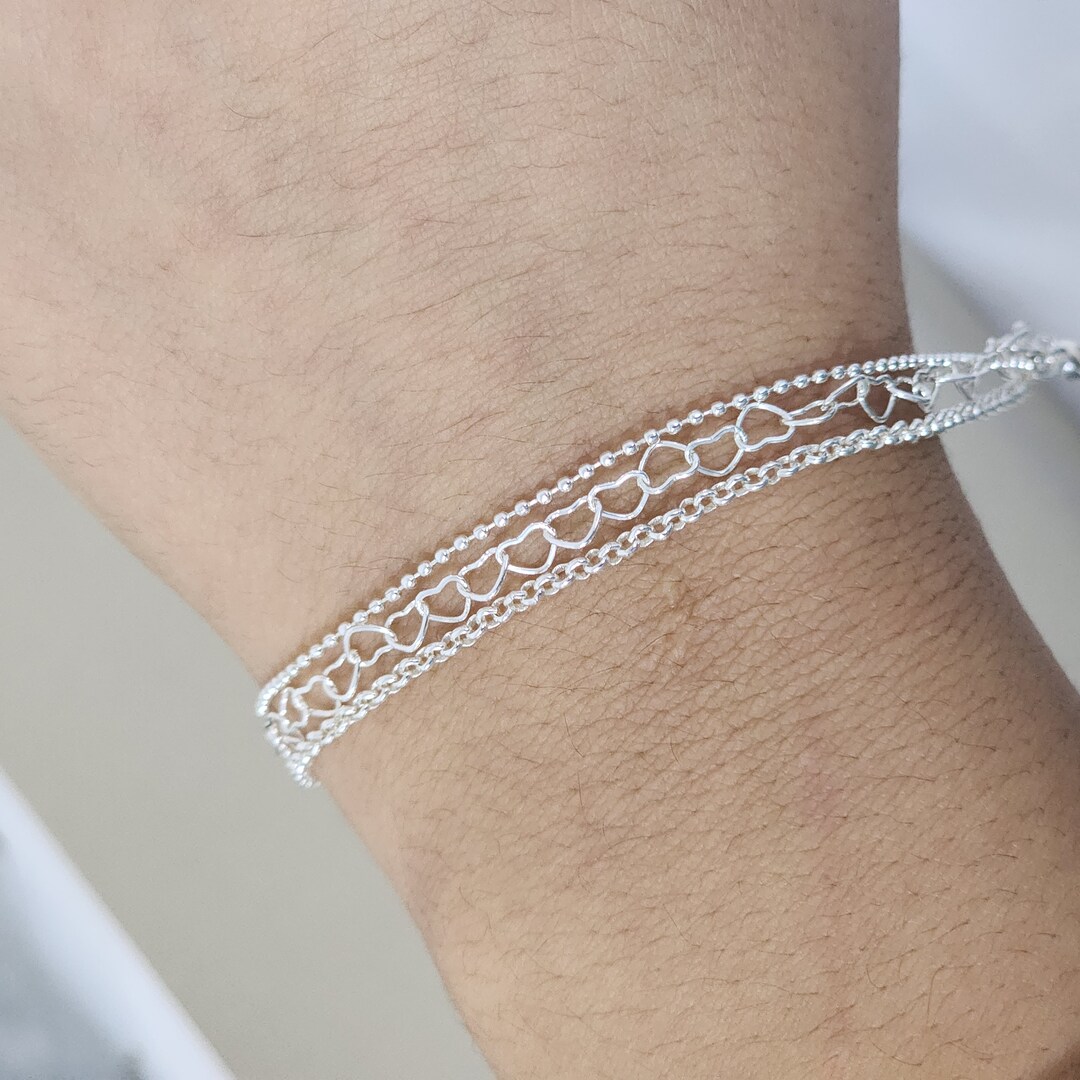 Pulseira Tripla Corações e Bolinhas Lisos