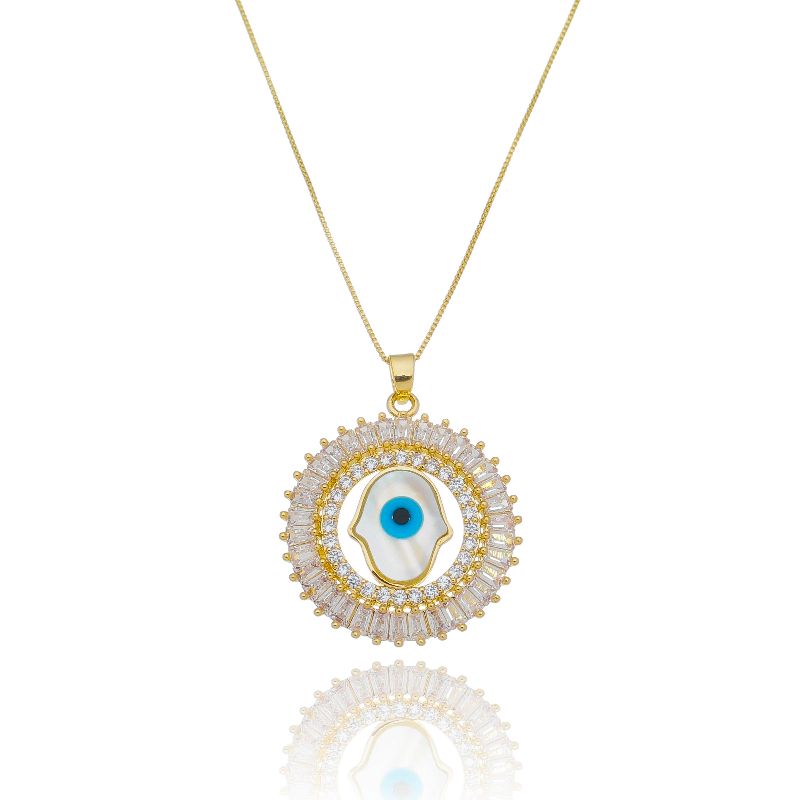 COLAR MANDALA MÃO DE FÁTIMA/OLHO GREGO OURO AMARELO