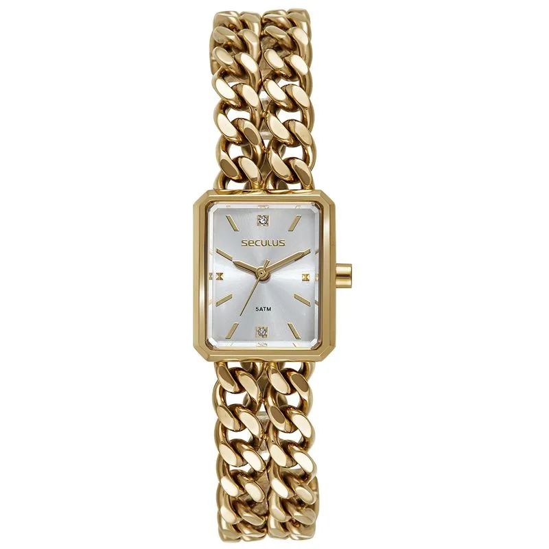 Relógio Feminino Quadrado Corrente Dupla Dourado