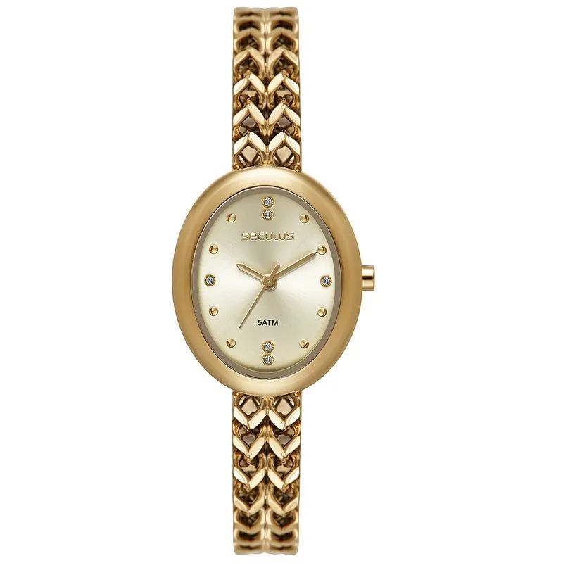Relógio Feminino Oval Dourado Pulseira Corrente Dourado Seculus