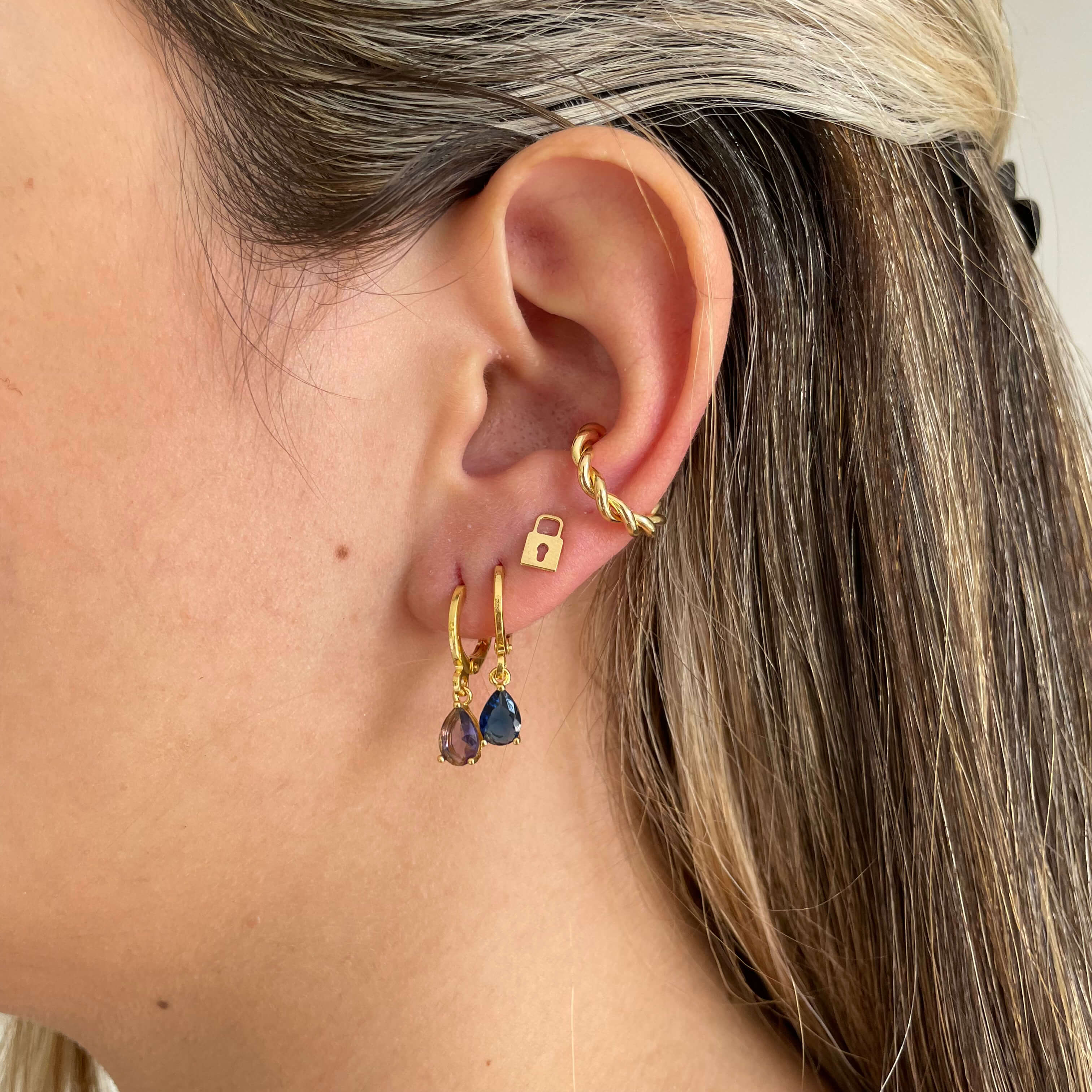 Brinco Argola Gota Pendente Azul Ouro