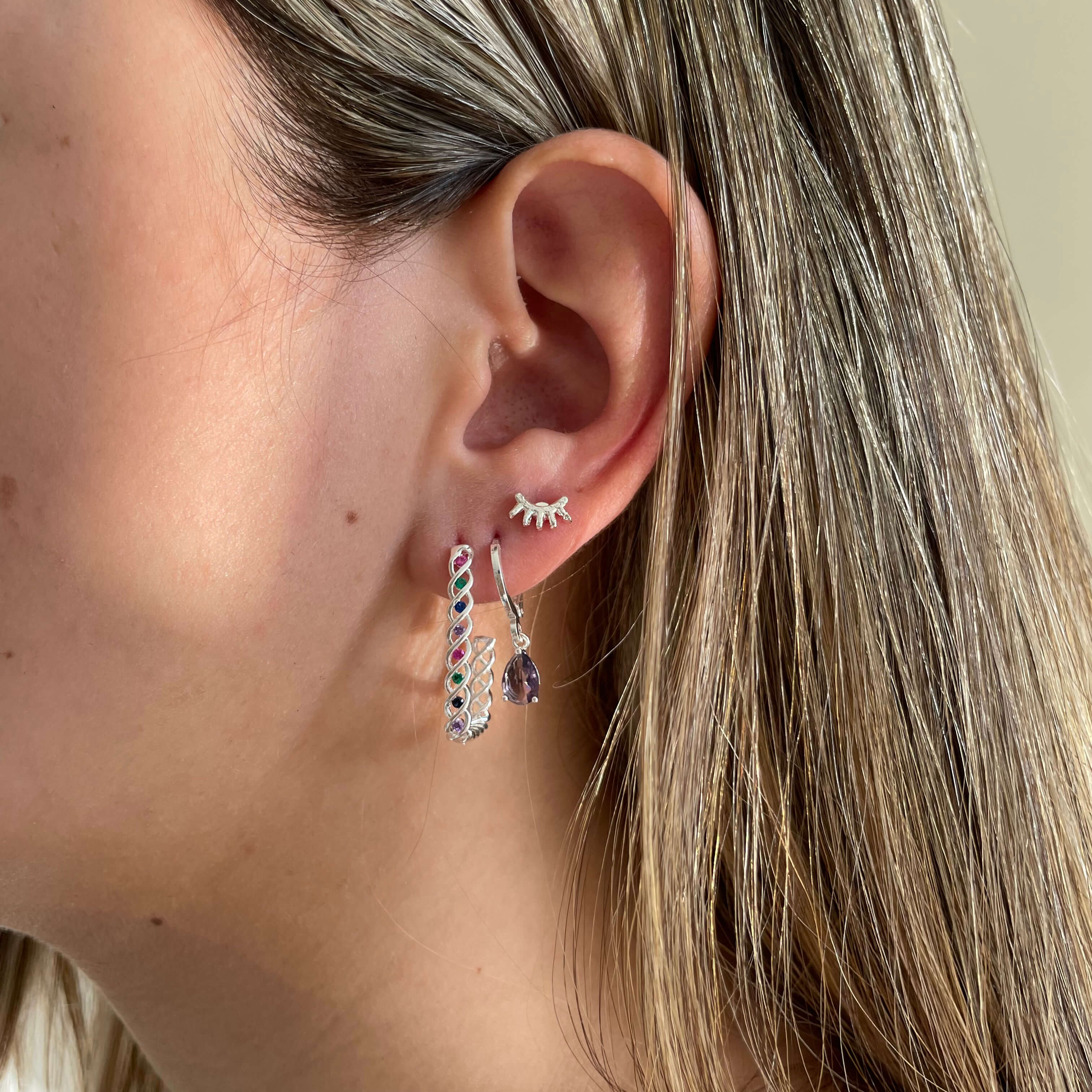 Brinco Argola Retangular Zirconias Colors Prata