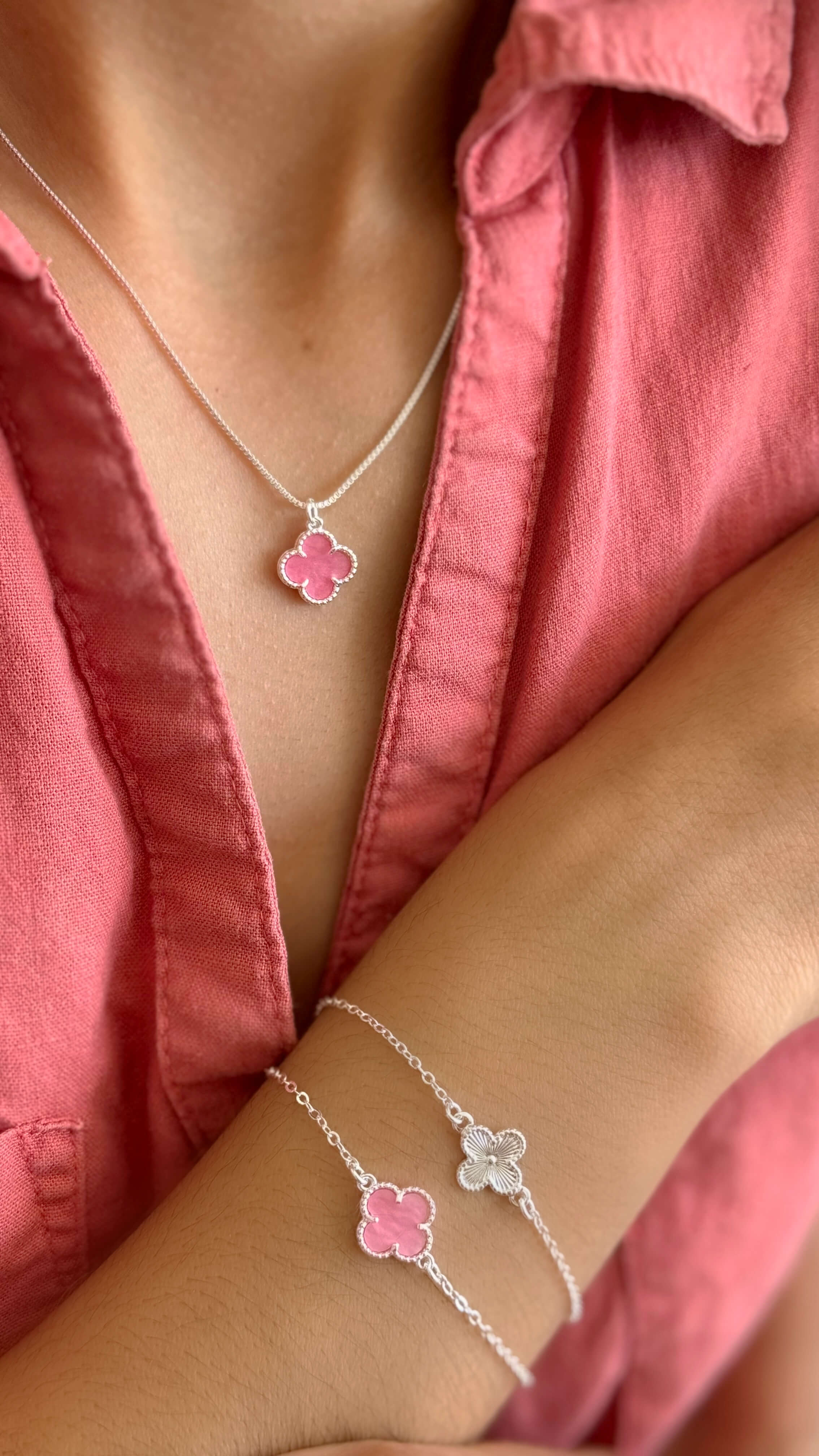 Pulseira Trevo Rosa Prata
