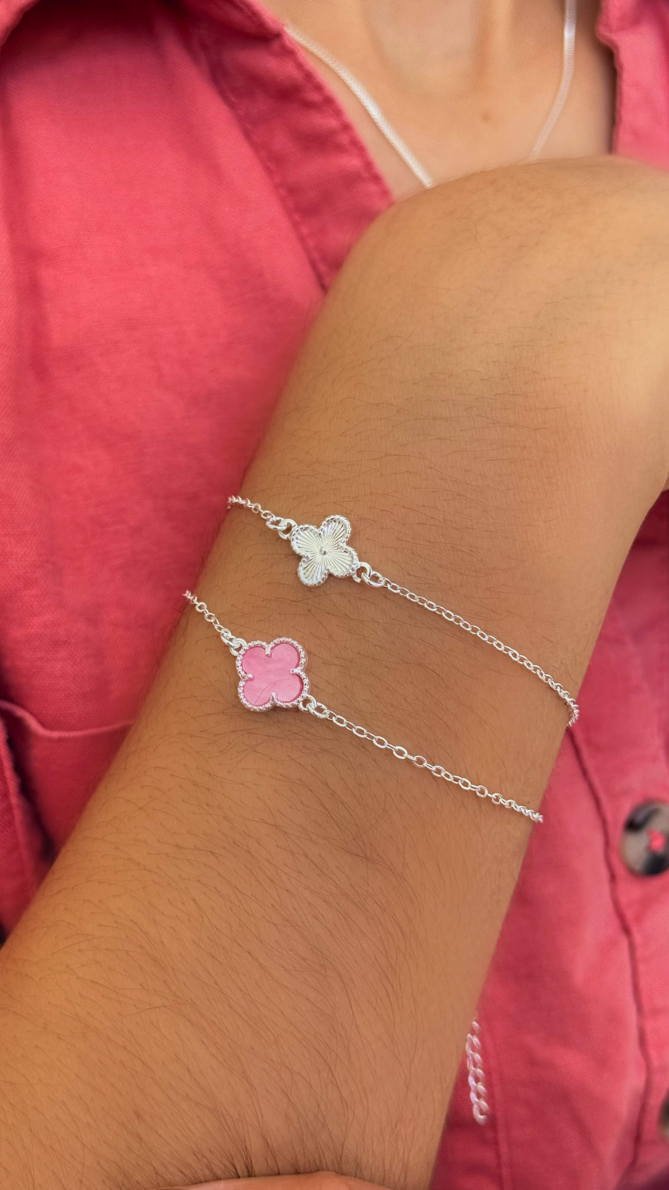 Pulseira Trevo Rosa Prata