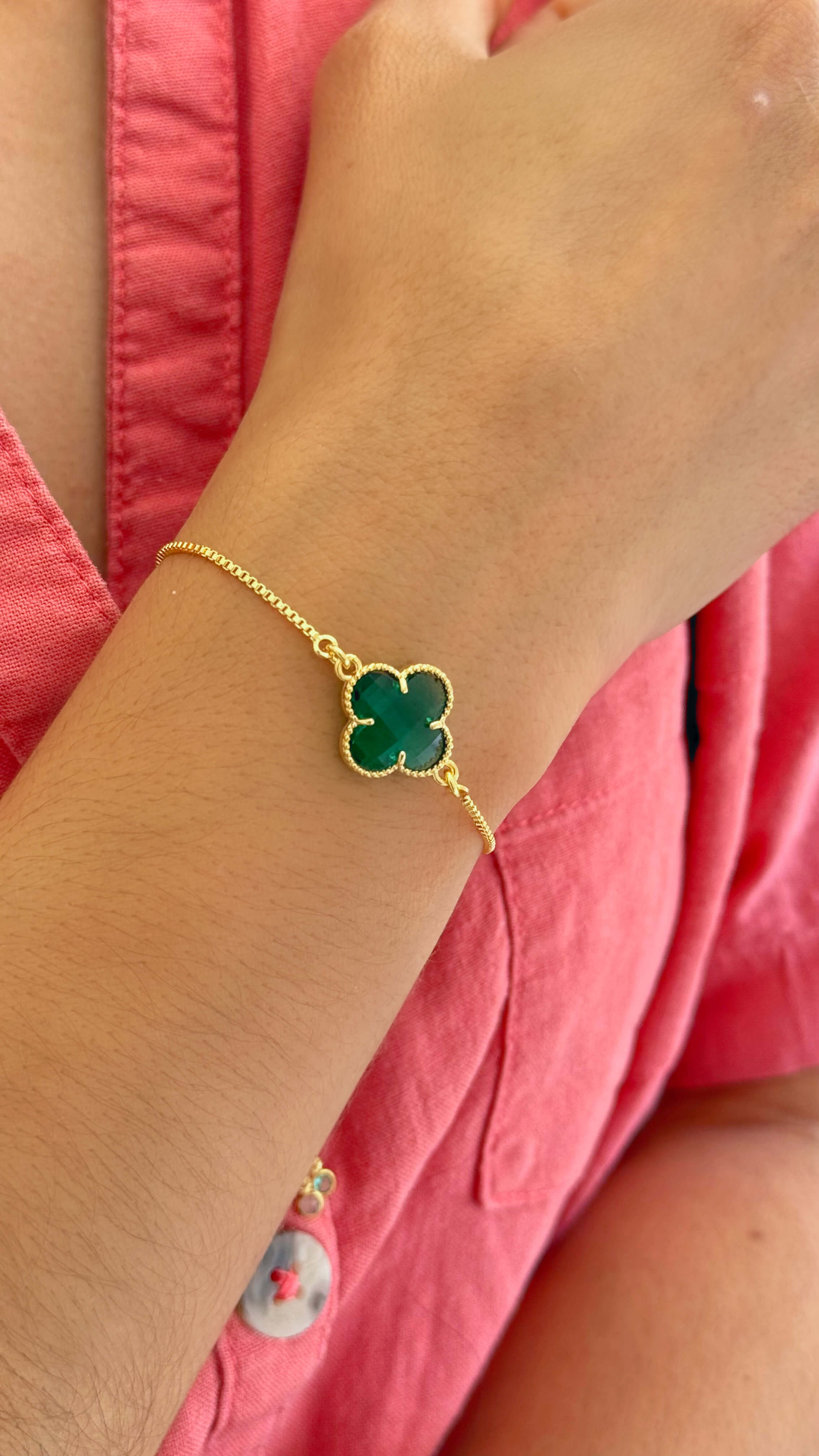 Pulseira Trevo Pedra Verde Ajustável Ouro