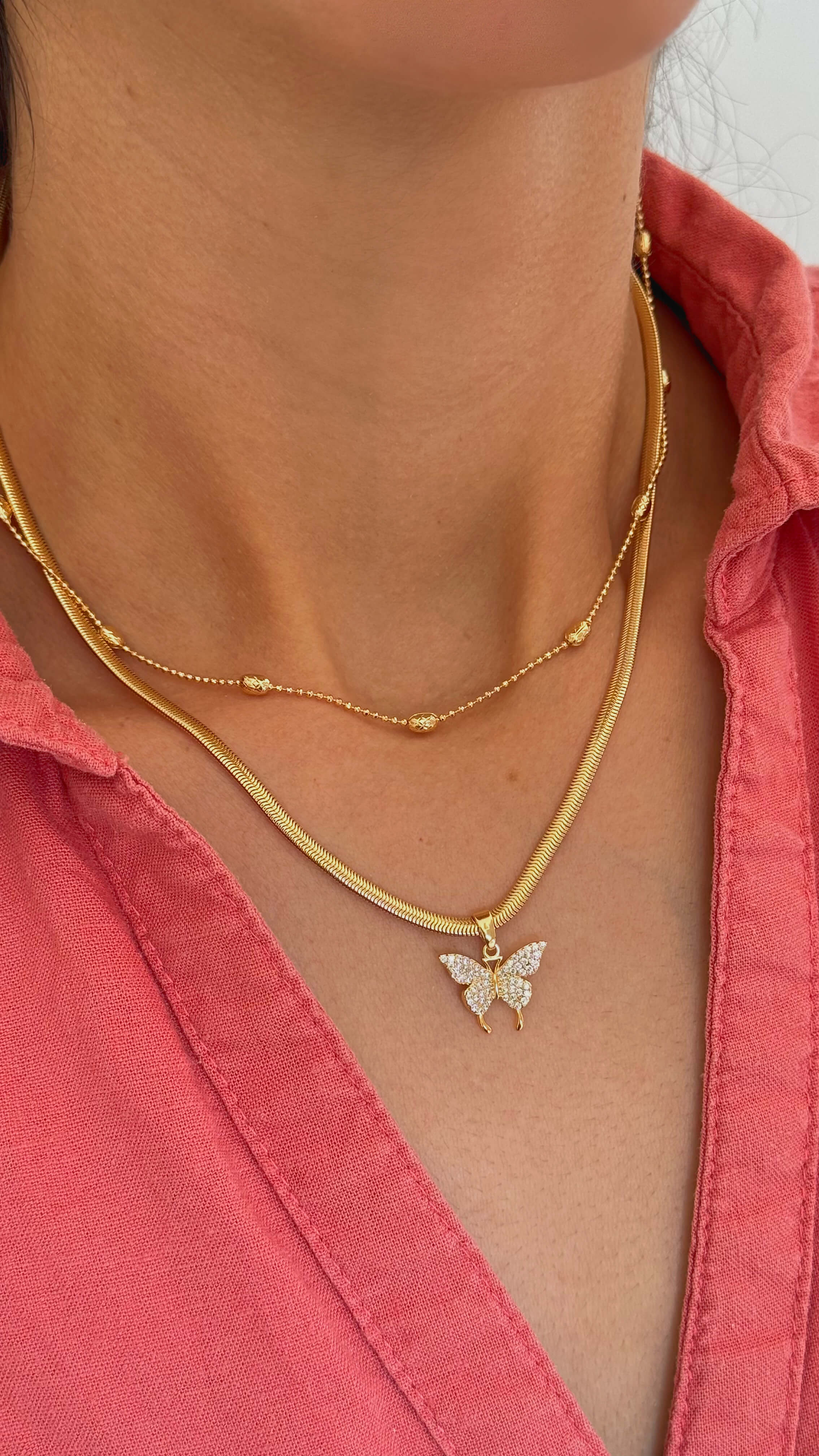 Colar Malha Borboleta Zircônias Ouro