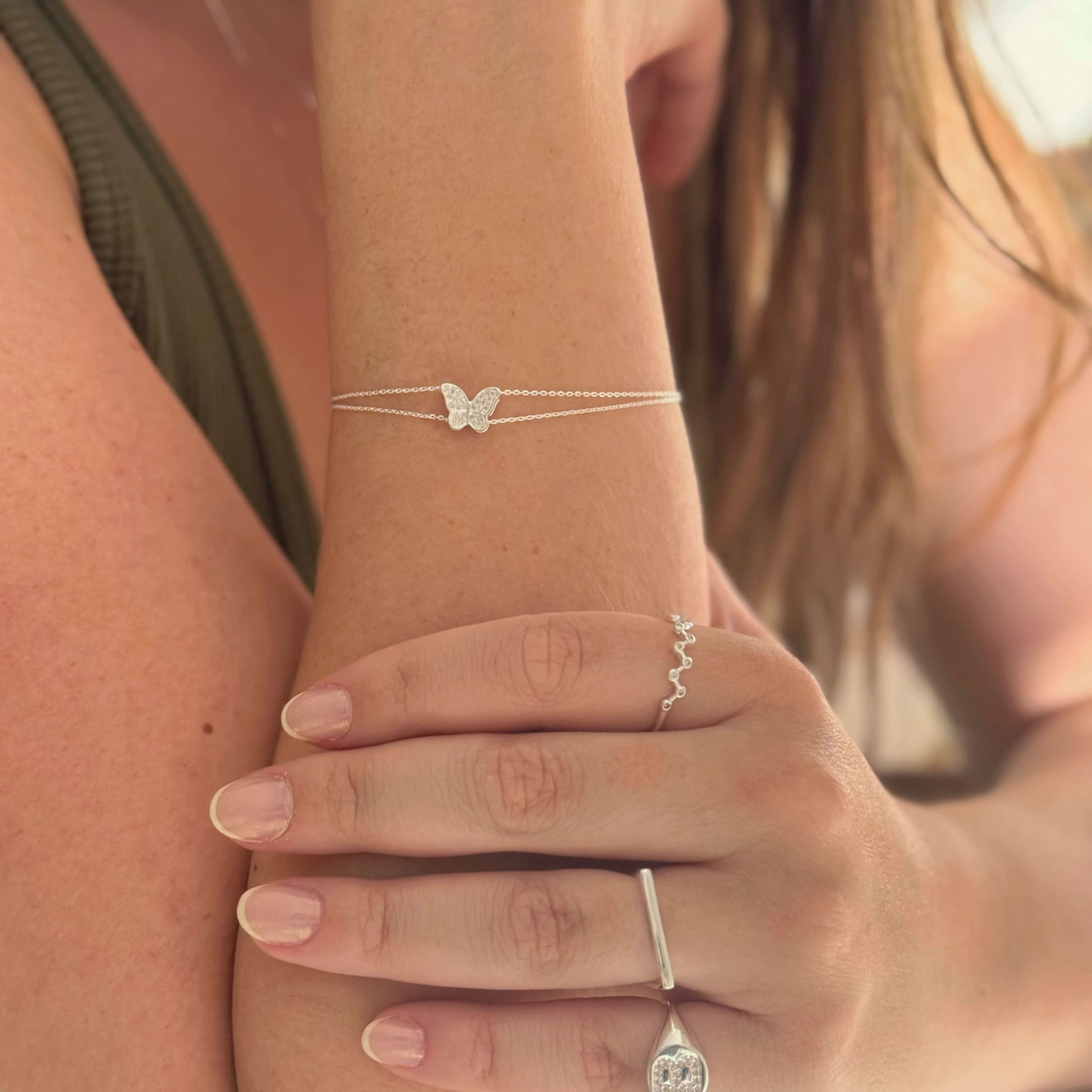 Pulseira Corrente Dupla Borboleta Prata