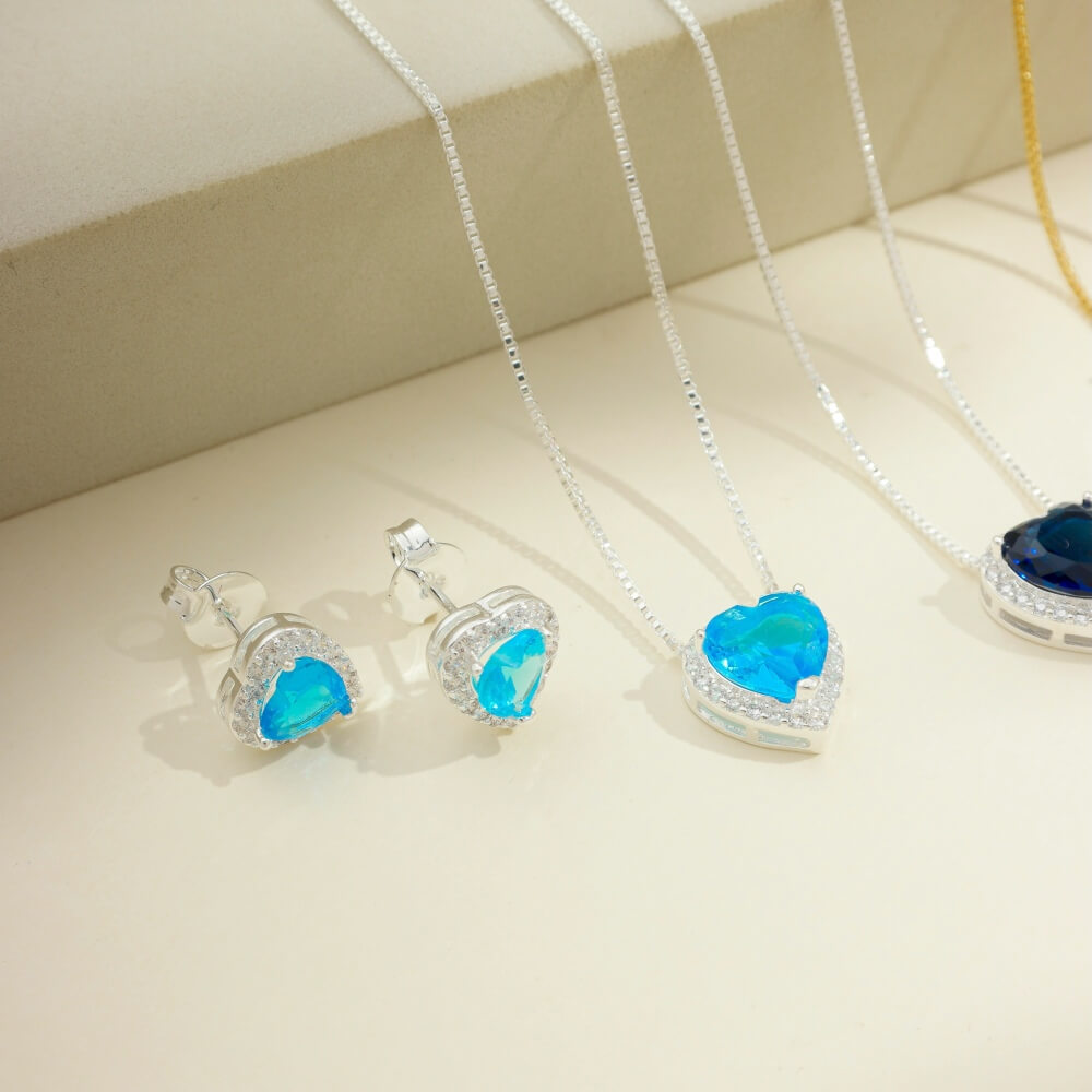Colar Coração Azul Zircônias Prata