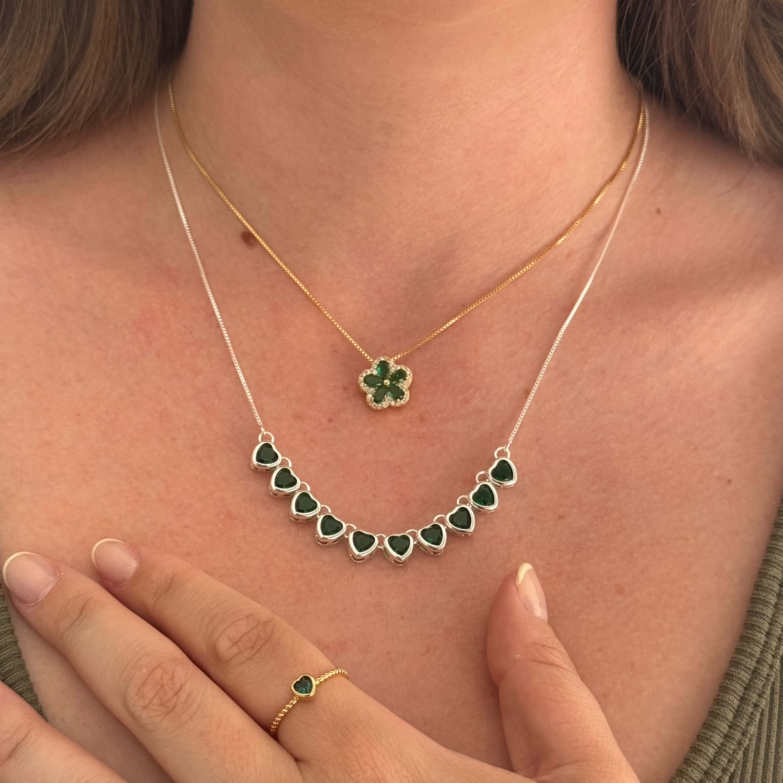 Colar Corações Cristal Verde Prata