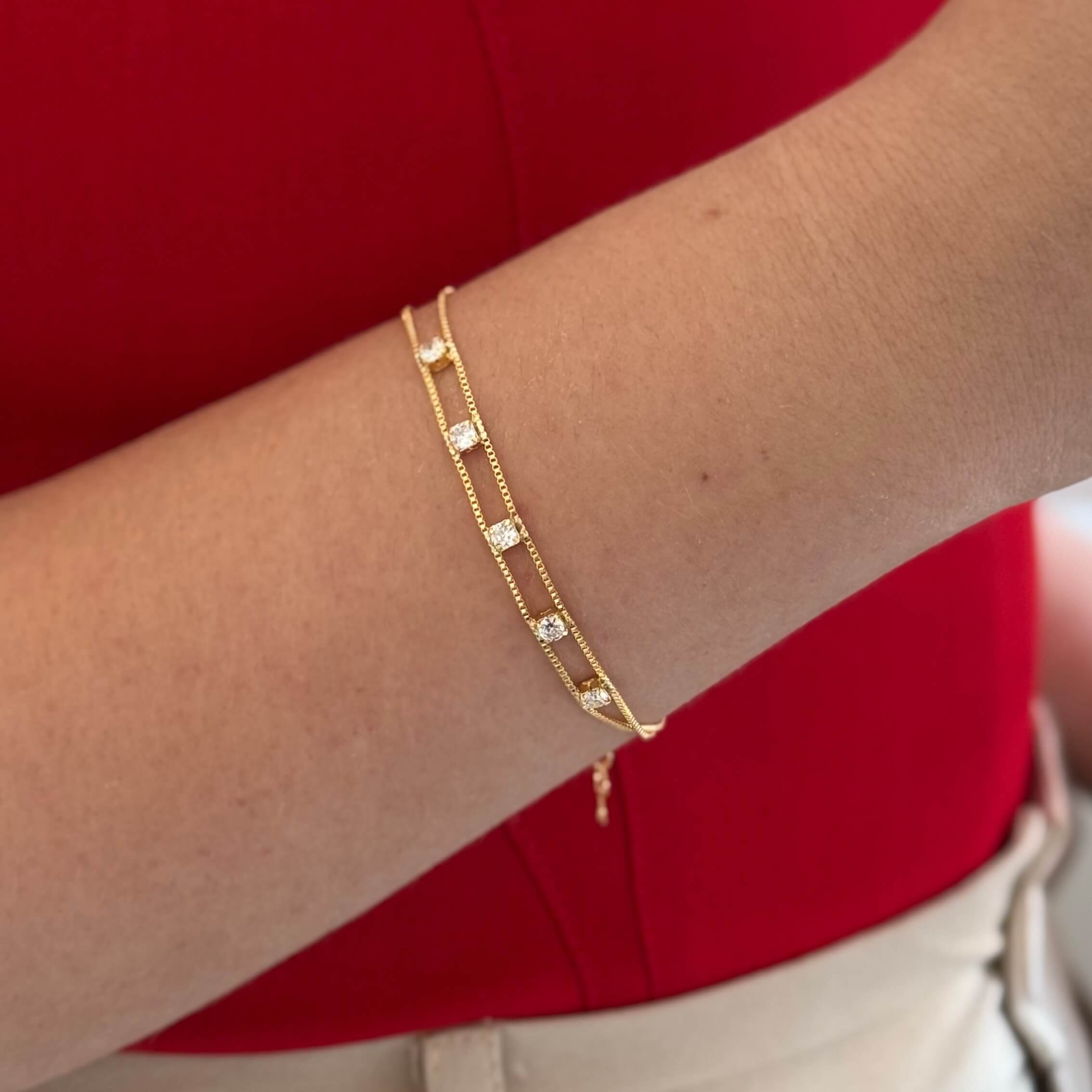 Pulseira Corrente Dupla Zircônias Ouro