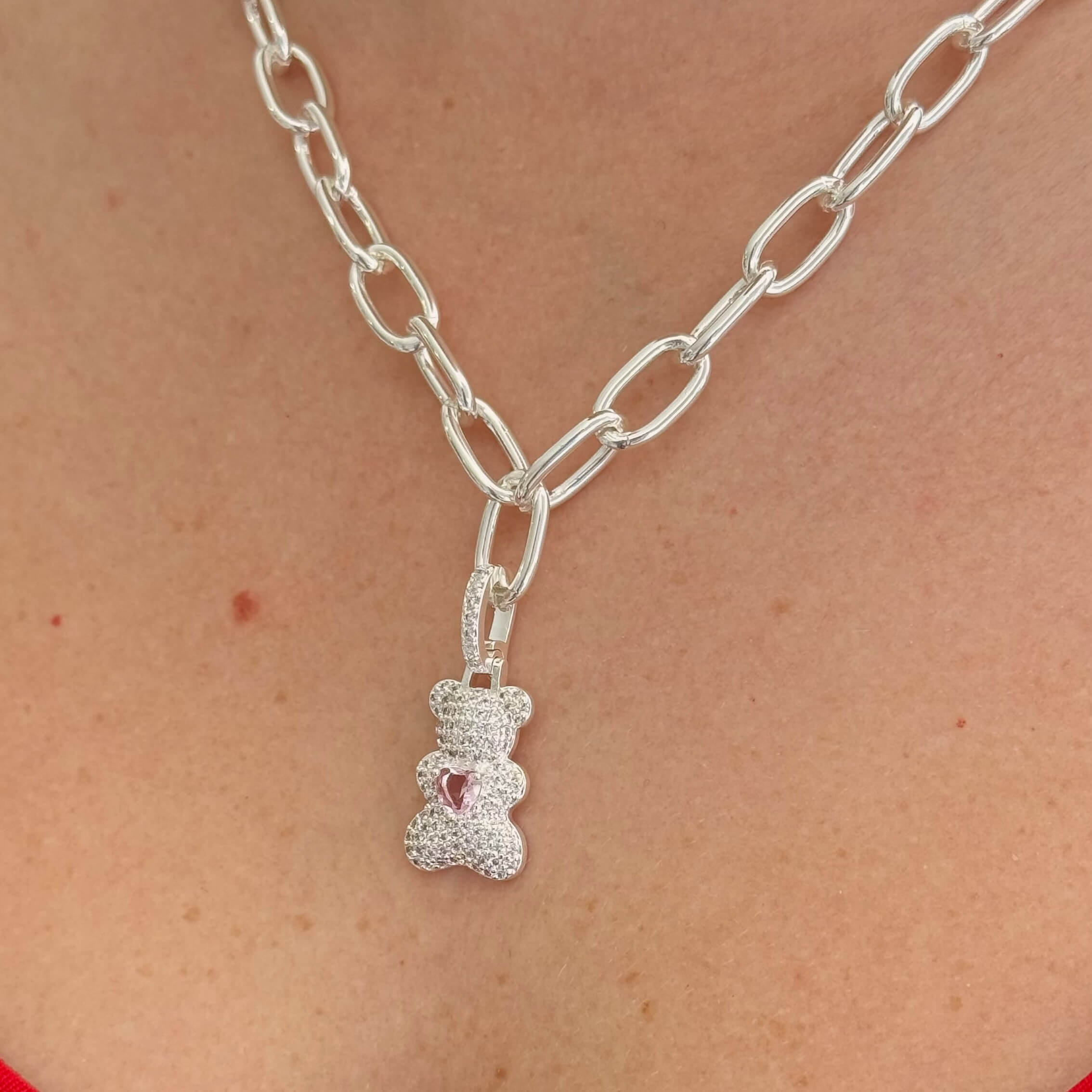 Pingente Urso Cravejado Coração Rosa Prata
