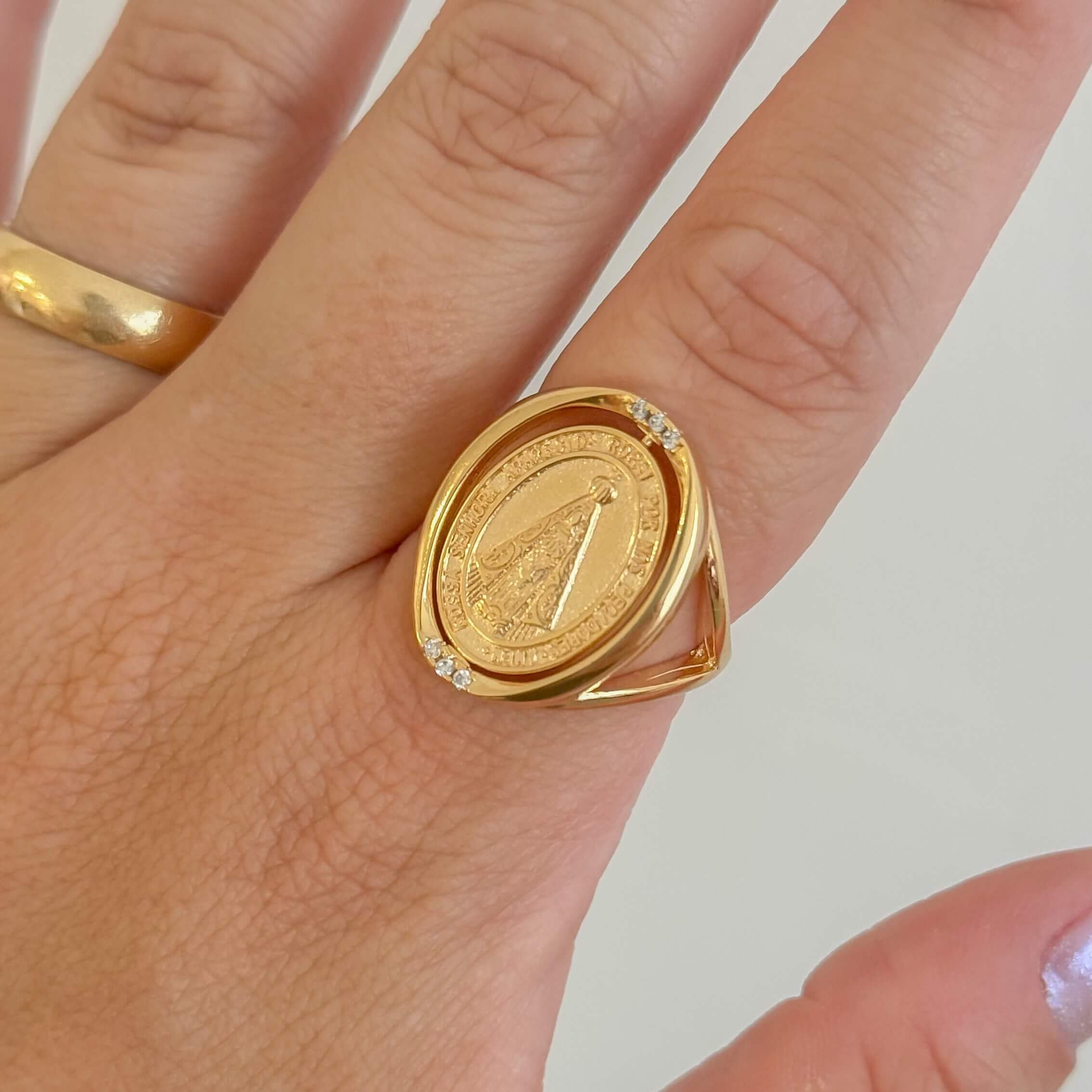 Anel Nossa Senhora e Rosário Giratório Ouro