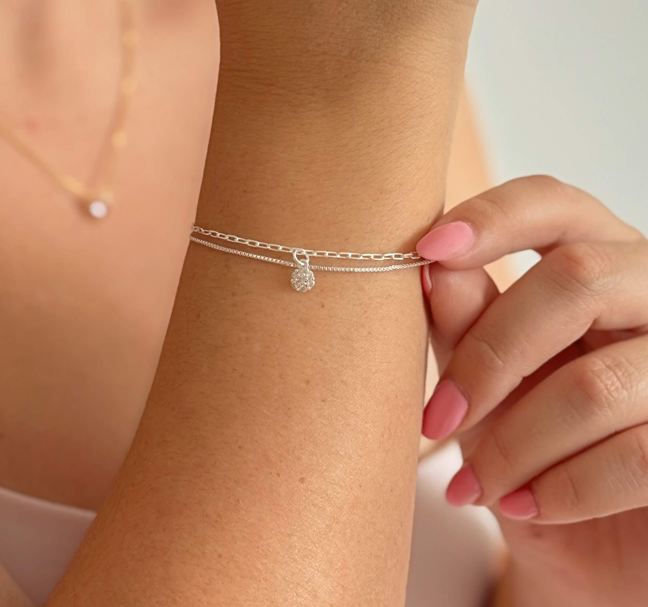 Pulseira Dupla Elos Clip e Ponto de Luz Prata