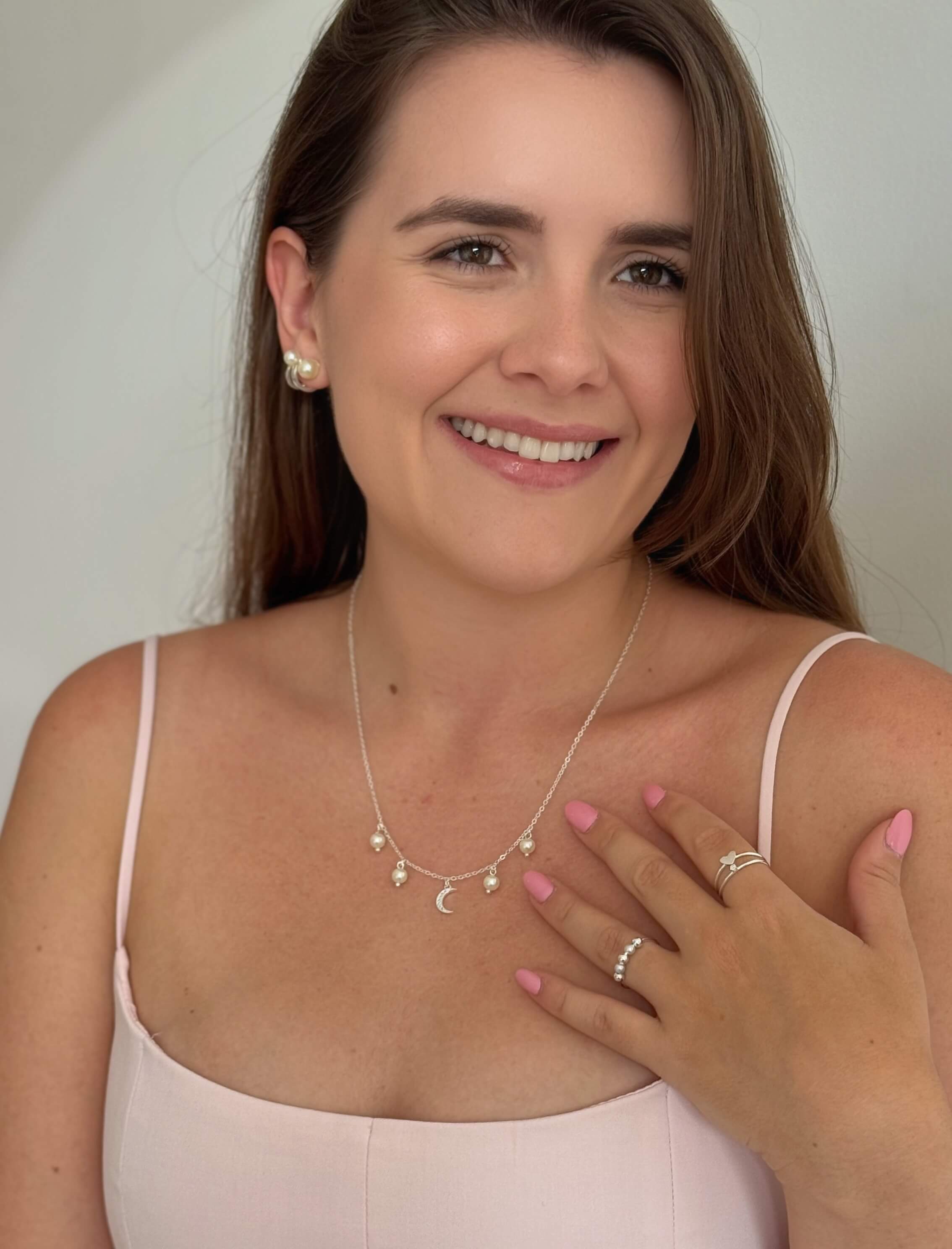 Anel Carreira Pérolas & Esferas Prata