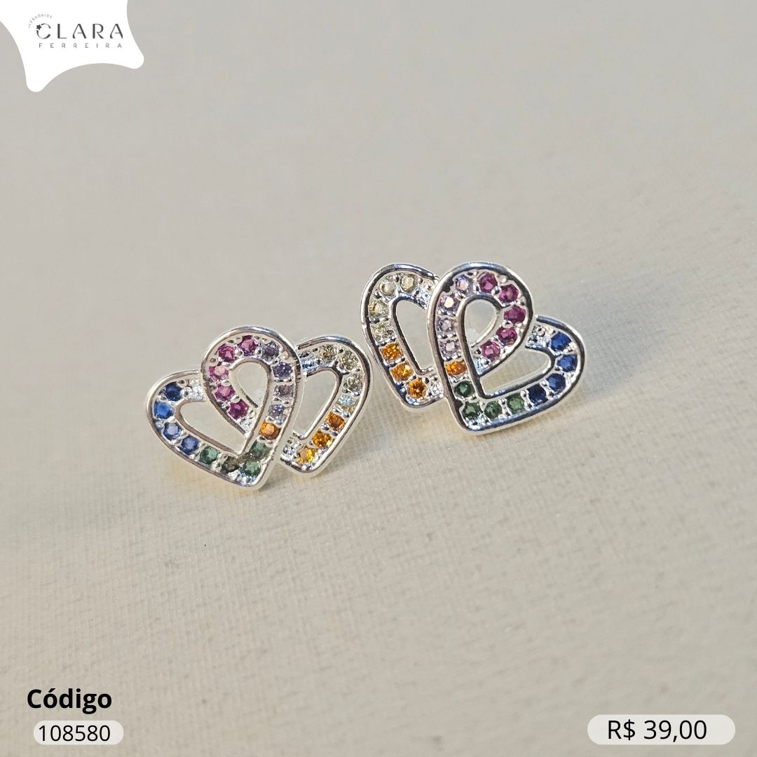 BRINCO 2 CORAÇÕES ENTRELAÇADOS MICROZIRCONIAS COLORIDAS VAZADO - 7MM - Banho de Prata