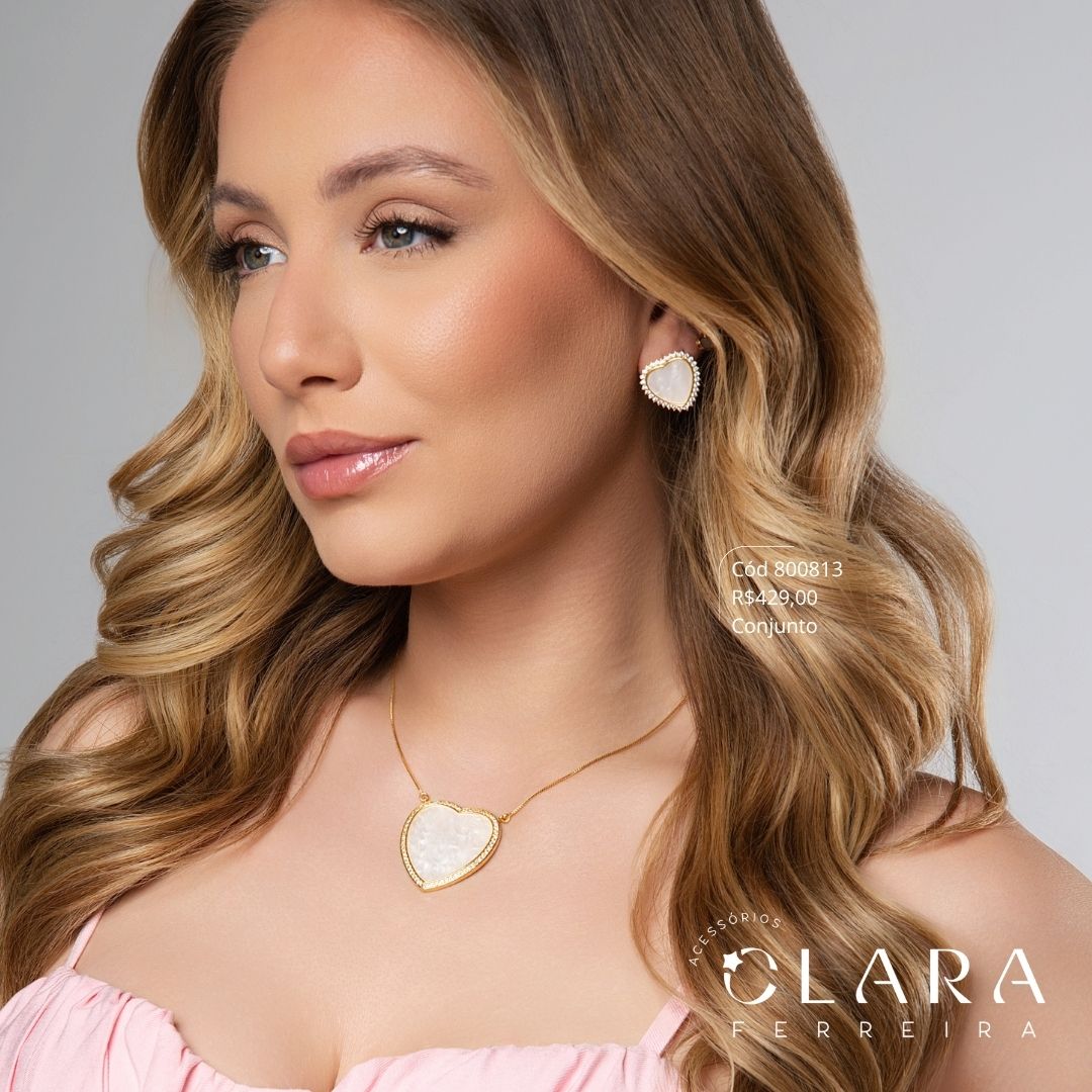 CONJUNTO VENEZIANA C/ PINGENTE E BRINCO CORAÇÃO MADRE MEROLA ADORNADO MICROZIRCONIAS - 20 E 36MM - Dourado- PEÇA VENDIDA