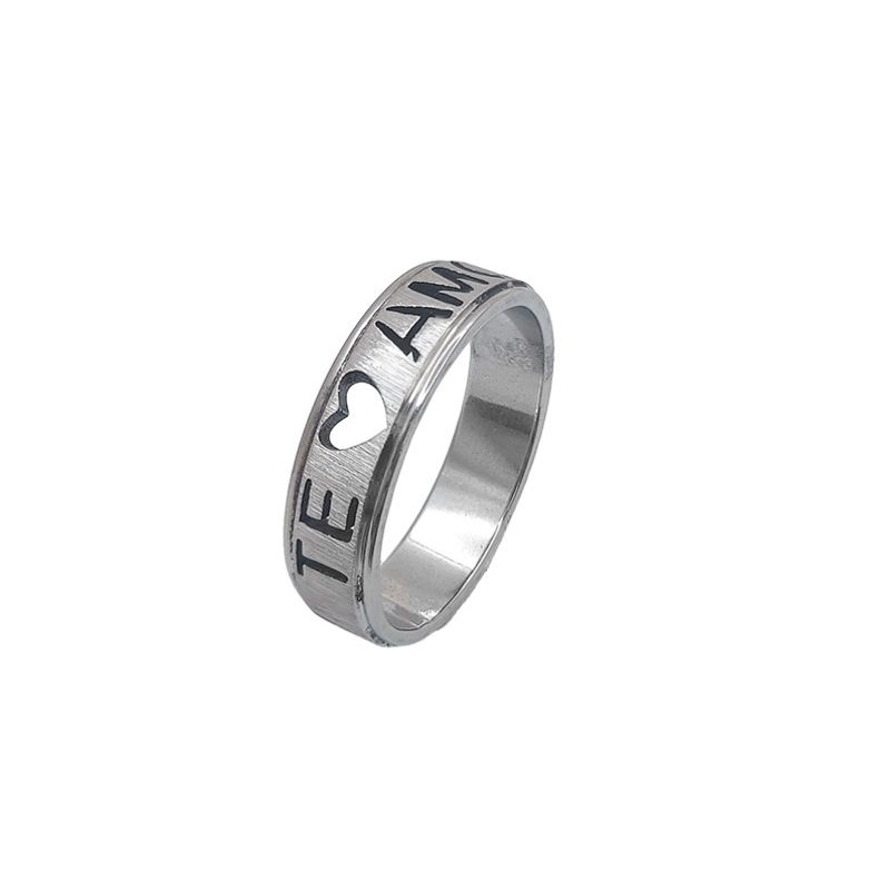 ANEL AÇO ALIANÇA ANATÔMICA RETA ESCOVADA 6MM C/ MANUSCRITO EU TE AMO VAZADO - Número 18/19