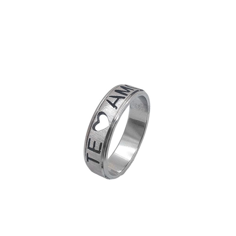 ANEL AÇO ALIANÇA ANATÔMICA RETA ESCOVADA 6MM C/ MANUSCRITO EU TE AMO VAZADO - Número 10/11