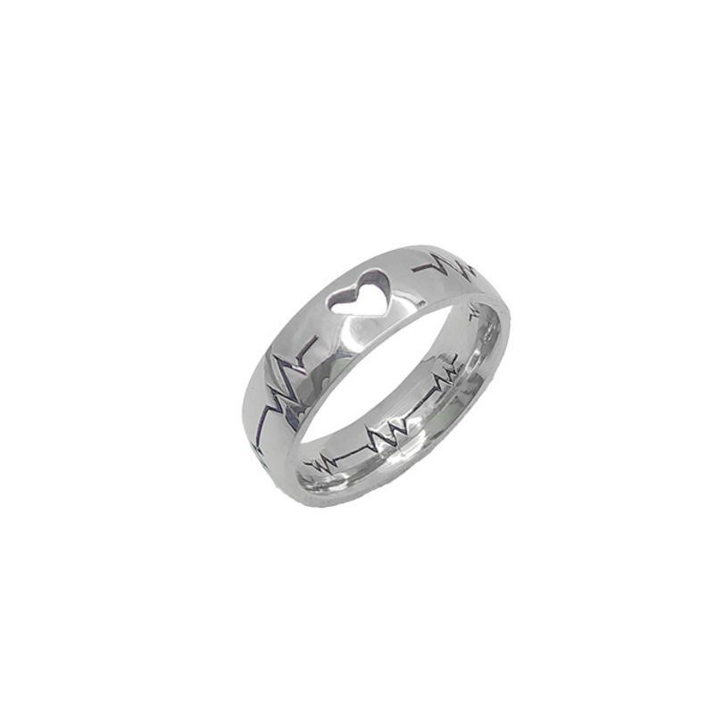 ANEL ALIANÇA AÇO INOX ANATÔMICA ABAULADA 6MM C/ BATIMENTOS CARDIACOS E CORAÇÃO VAZADO - Número 26/27