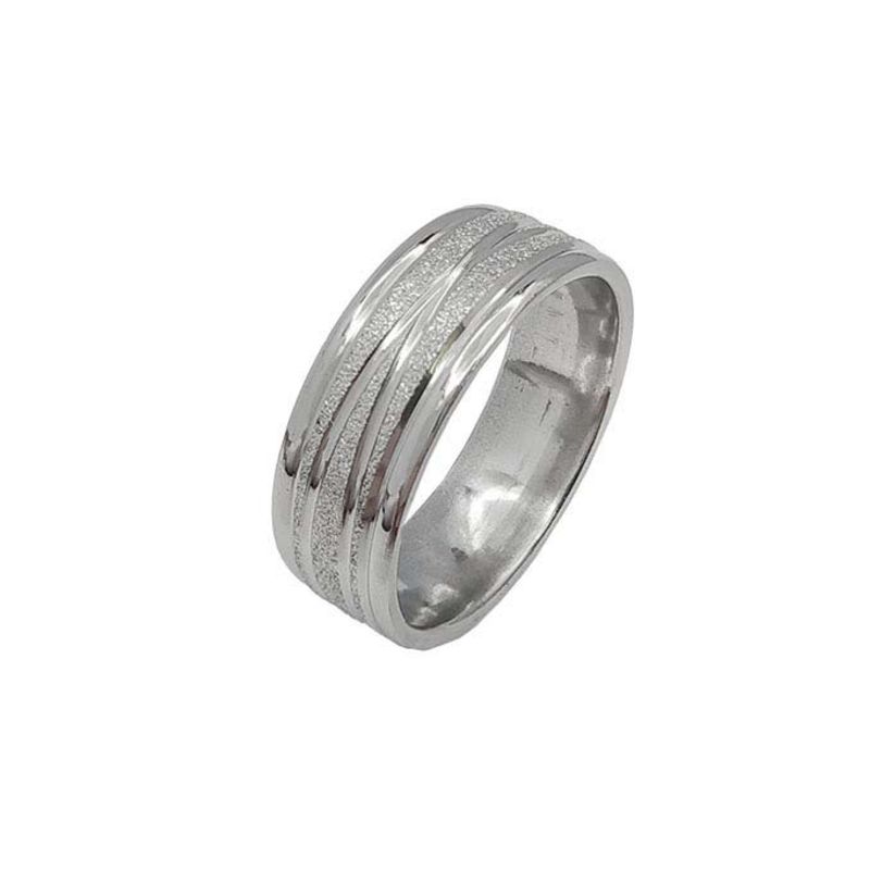 ANEL ALIANÇA AÇO INOX ANATÔMICA ABAULADA 8MM C/ JATEADO BRILHANTE E 2 FIOS LISOS CRUZADOS - Número 16/17