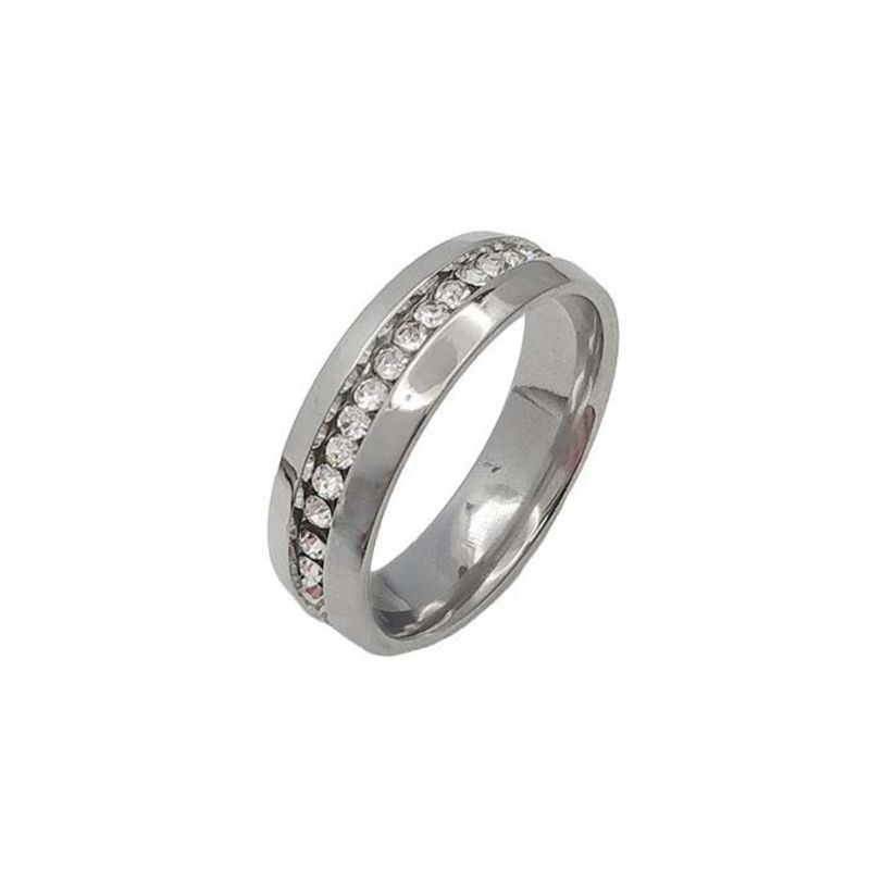 ANEL ALIANÇA AÇO INOX ANATÔMICA ABAULADA 6MM C/ 1 FILEIRA MICROZIRCONIAS - Número 22/23