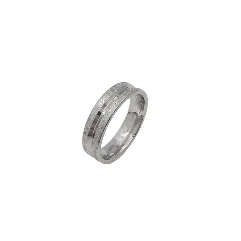 ANEL ALIANÇA AÇO INOX ANATÔMICA ABAULADA 6MM C/ 2 FIOS JATEADO BRILHANTE 1 FIO LISO - Número 14/15