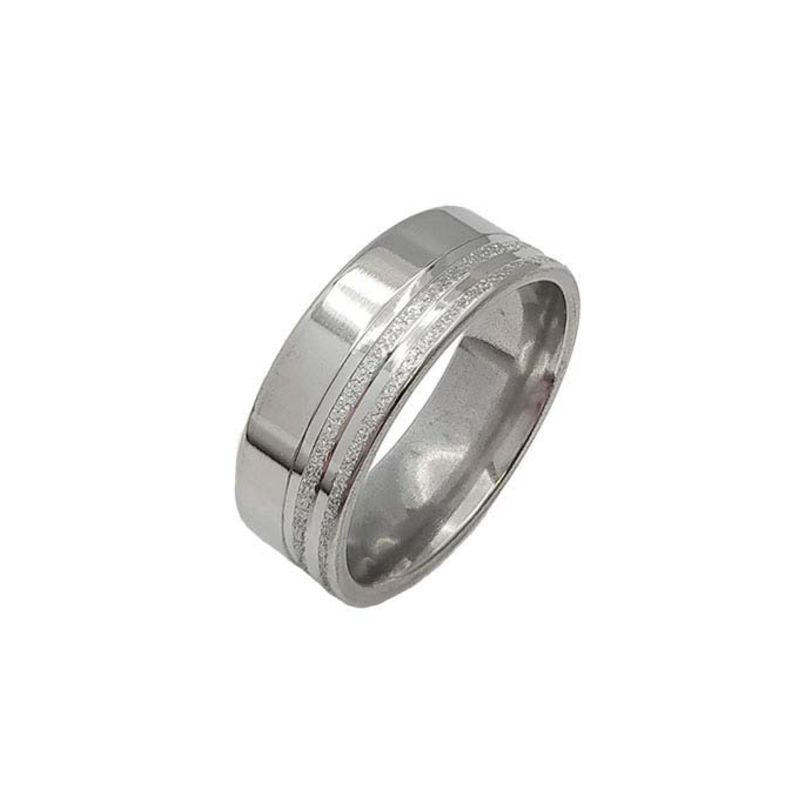 ANEL ALIANÇA AÇO INOX ANATÔMICA RETA LISA 8MM C/ 2 FIOS JATEADOS BRILHANTES - Número 30/31