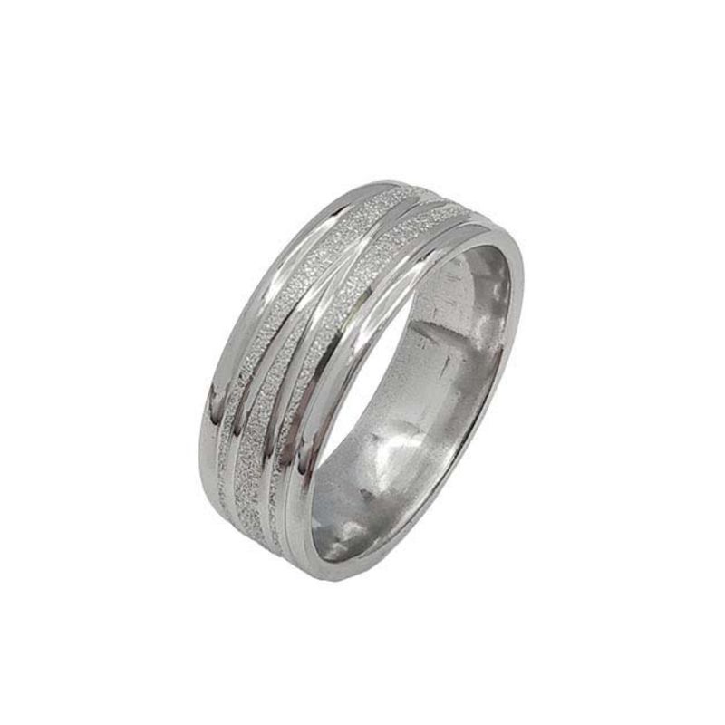ANEL ALIANÇA AÇO INOX ANATÔMICA ABAULADA 8MM C/ JATEADO BRILHANTE E 2 FIOS LISOS CRUZADOS - Número 32/33