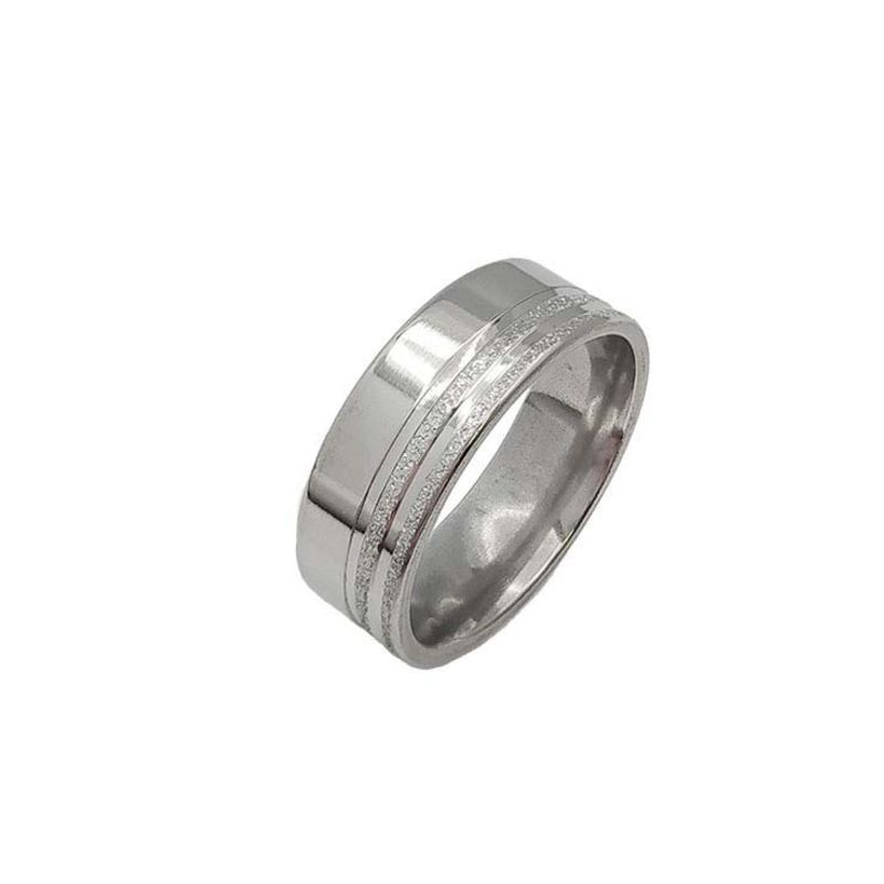 ANEL ALIANÇA AÇO INOX ANATÔMICA RETA LISA 8MM C/ 2 FIOS JATEADOS BRILHANTES - Número 12/13