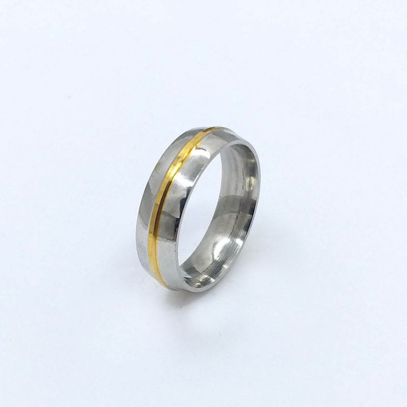 ANEL ALIANÇA AÇO INOX ANATÔMICA ABAULADA 6MM C/ 1 FIO DOURADO - Número 30/31