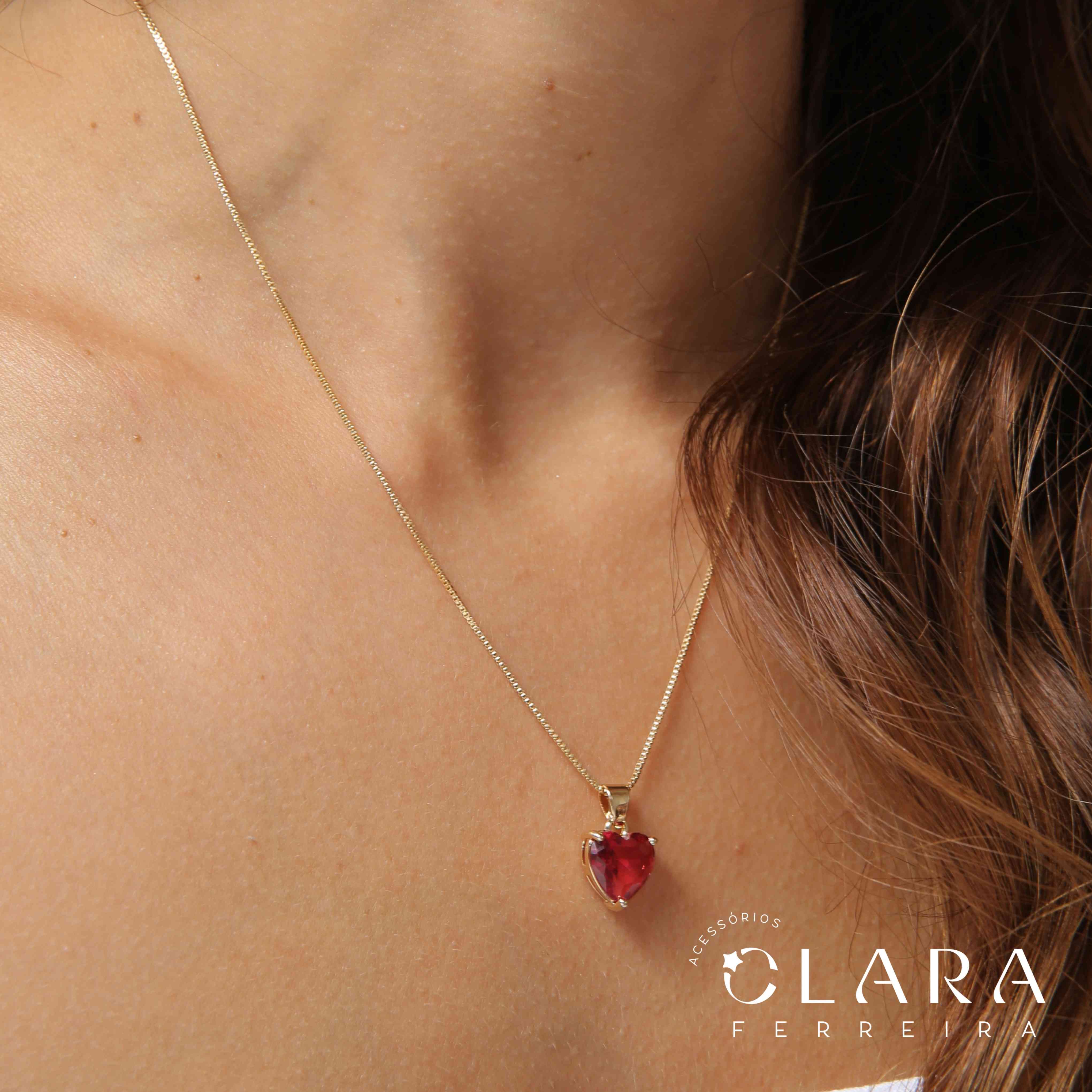 CONJUNTO COLAR VENEZIANA C/ PINGENTE E BRINCO ZIRCONIA CORAÇÃO COLORIDO - CAIXA COROA 3 GARRAS  - 7 E 9MM - Dourado